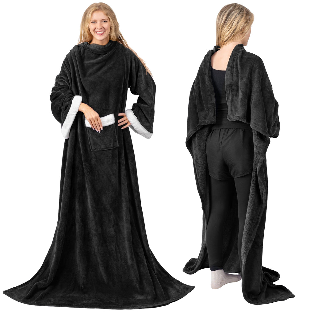 Cozy Fleece Fleece Blanket with Sleeves for Women Men Adults, Wearable Blanket Warm Soft Plush, Snuggle Pocket Sleeved TV Throw W... - Super Soft Reversible Sherpa Flannel Blanket Detail