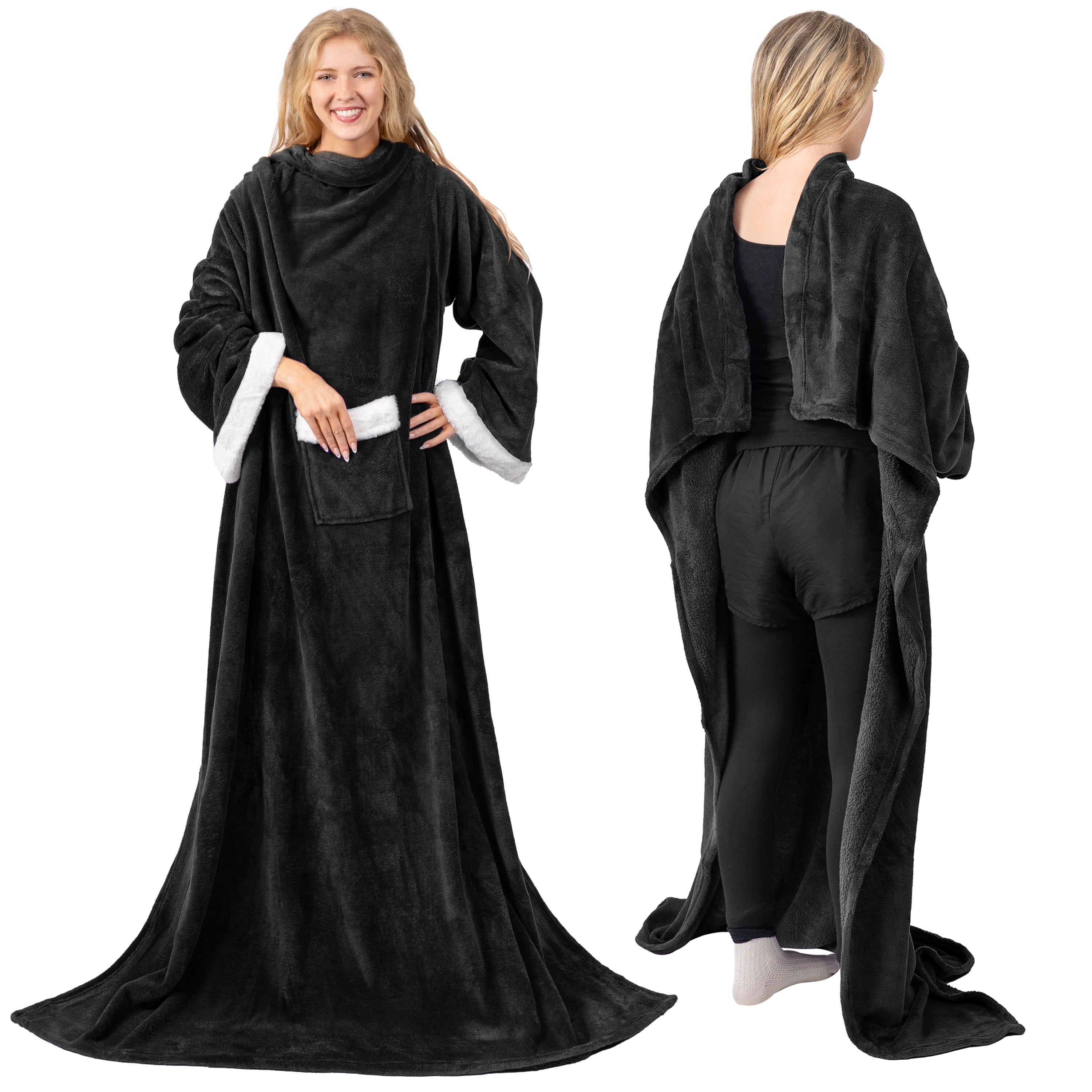 Cozy Fleece Fleece Blanket with Sleeves for Women Men Adults, Wearable Blanket Warm Soft Plush, Snuggle Pocket Sleeved TV Throw W... - Super Soft Reversible Sherpa Flannel Blanket Detail