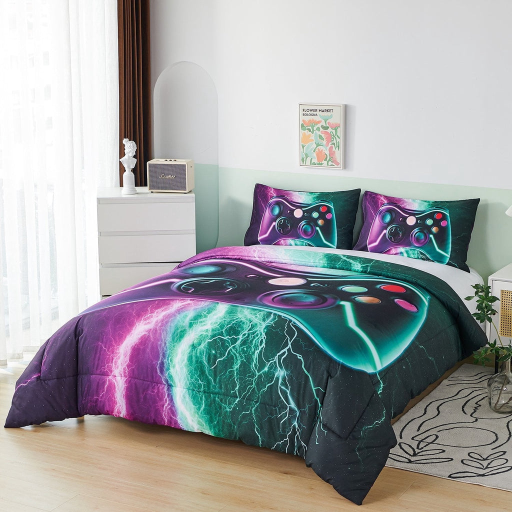 Heavyweight Warmth Queen Size Gaming Comforter Set for Boys,3-Piece 3D Green Purple Lightning Game Controller Bedding Set for Kids Teens - All-Season Down Alternative Comforter Insert Detail
