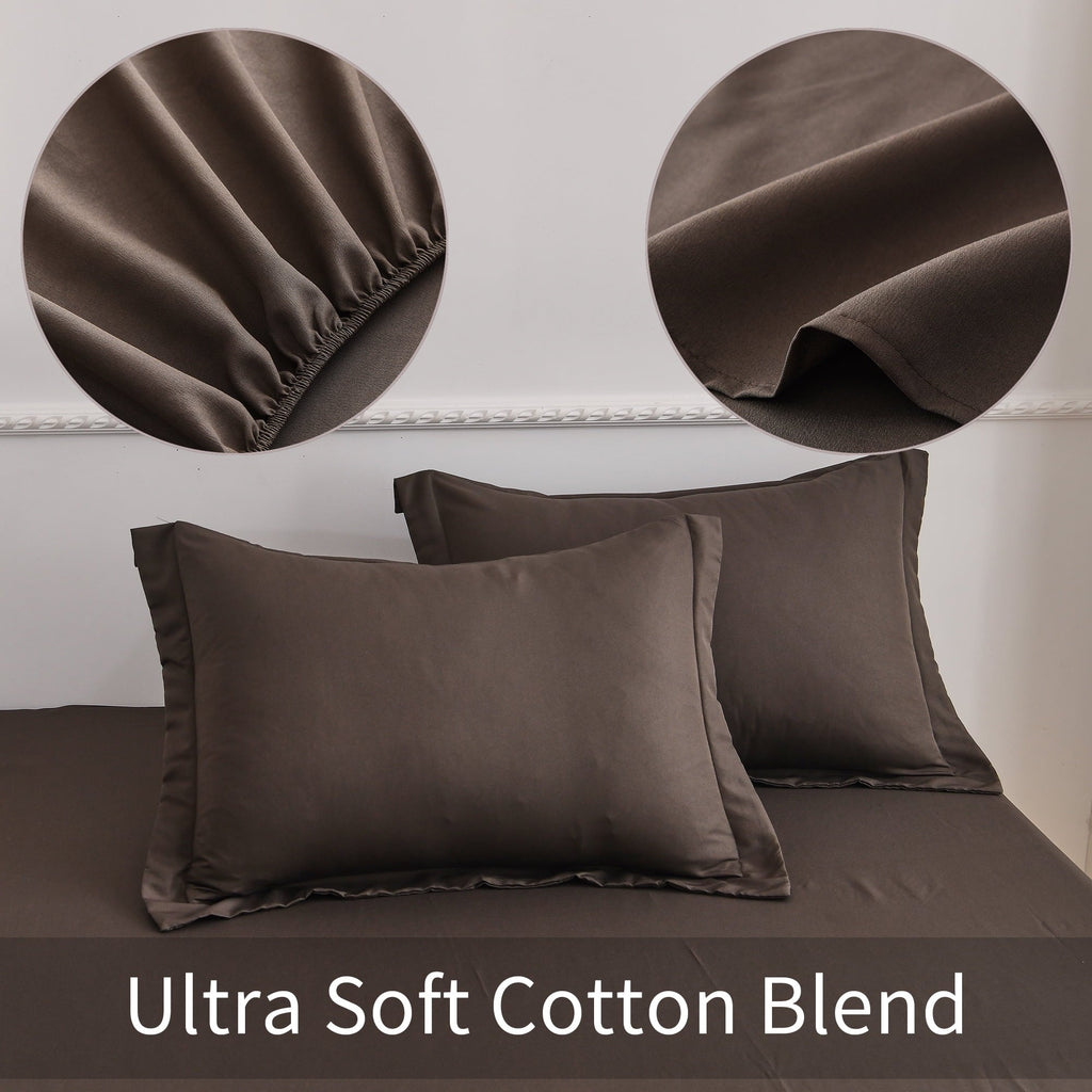 Premium Egyptian Cotton Bed Sheets Set 4 Piece Queen/Full Sheet Set Brown Gray Cotton Blend Fitted Sheet, Flat Sheet & 2 Pillowcases Bedding Set - Breathable Egyptian Cotton Flat & Fitted Sheets Detail