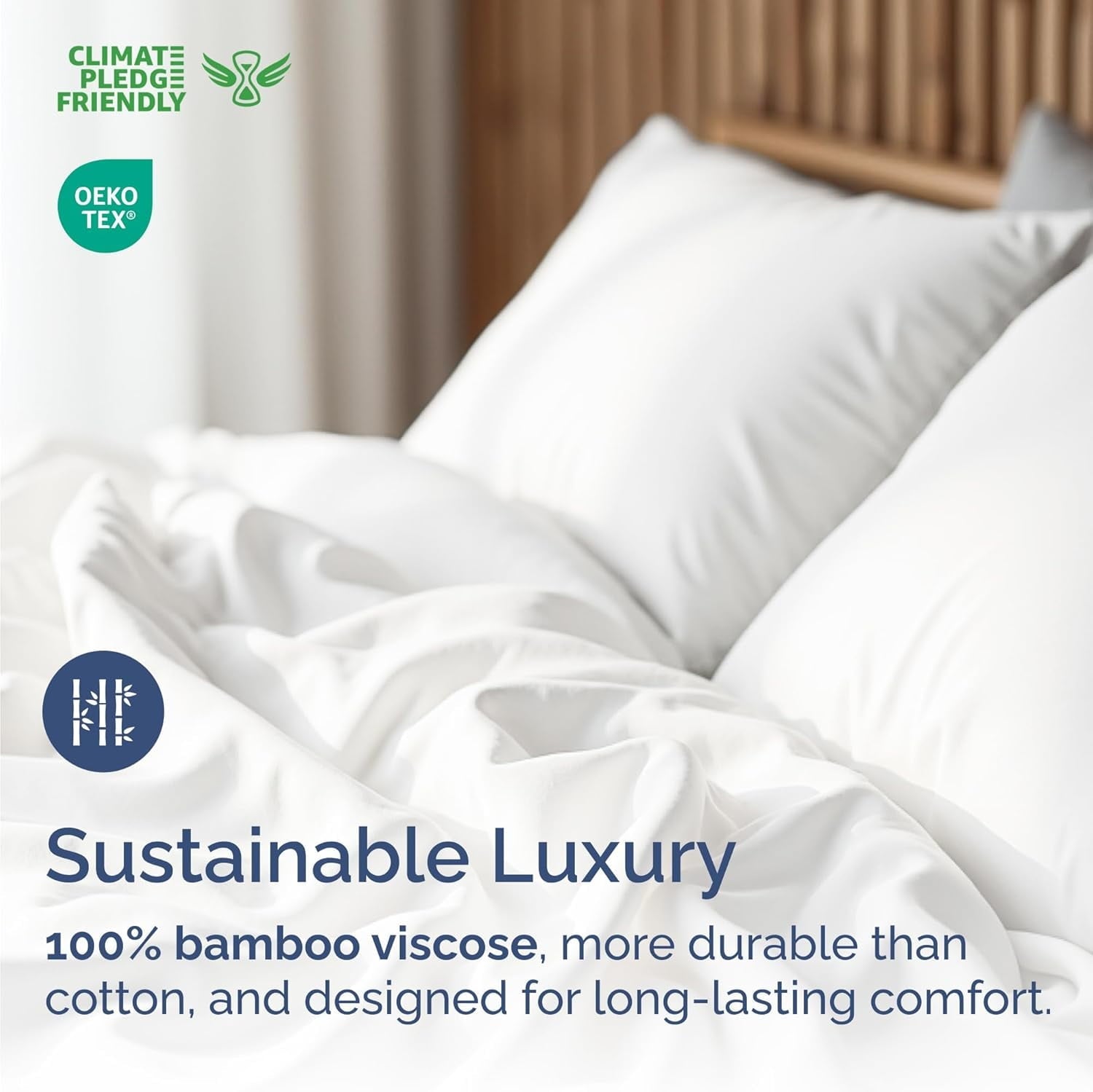 Cooling Sateen 4-Piece Luxury Bamboo Cooling Sheet Set - Queen Size 100% Bamboo Derived Rayon Premium Bed Sheets, White - Premium Ultra-Soft Pillowcase Pair for Sleeping Detail