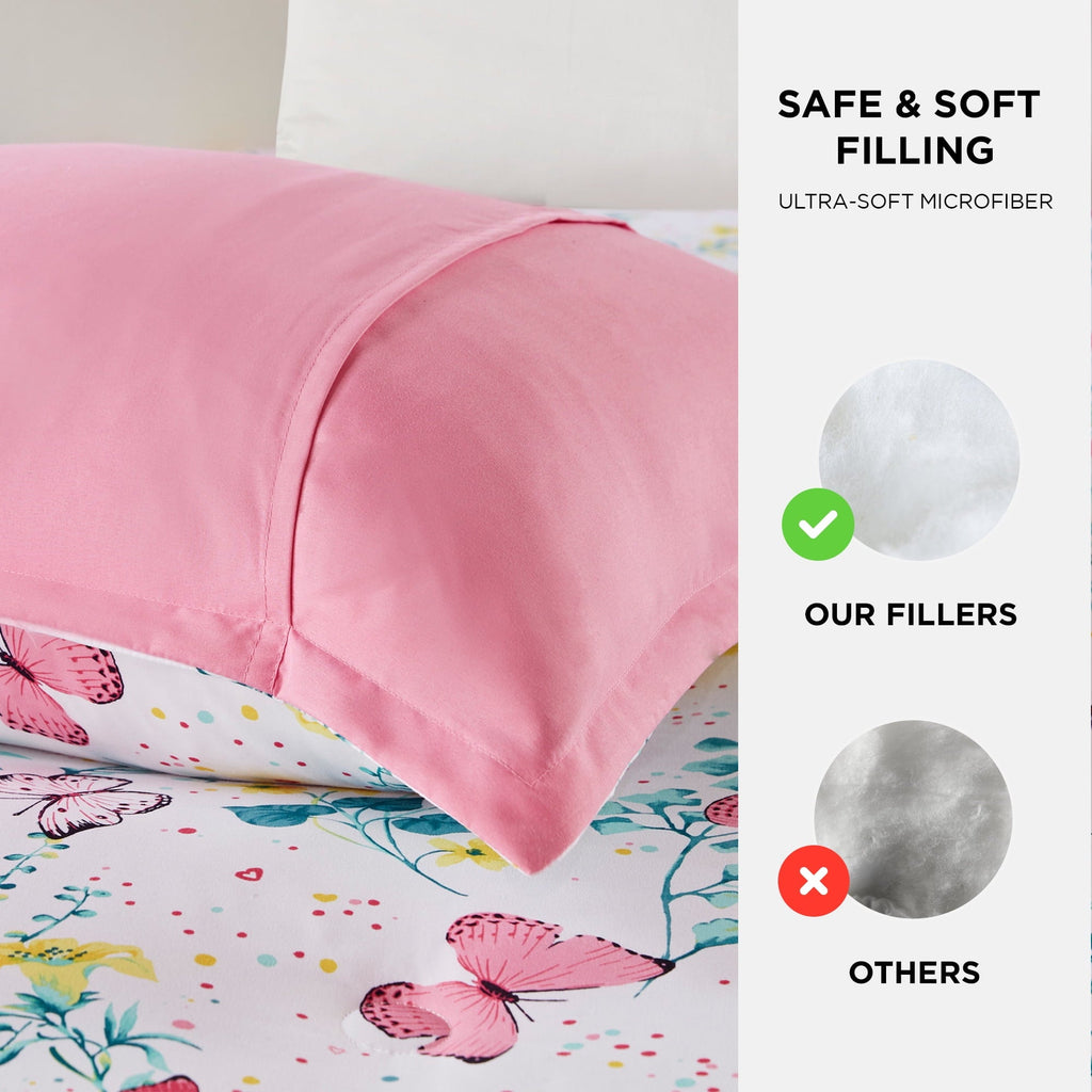 Heavyweight Warmth Full/Queen Size Comforter Sets, 4-Piece Kids Bedding Set for Girls, Butterfly Floral Comforter Bed Set, White/Pink - Hypoallergenic Ultra-Fluffy Quilt for Winter Detail
