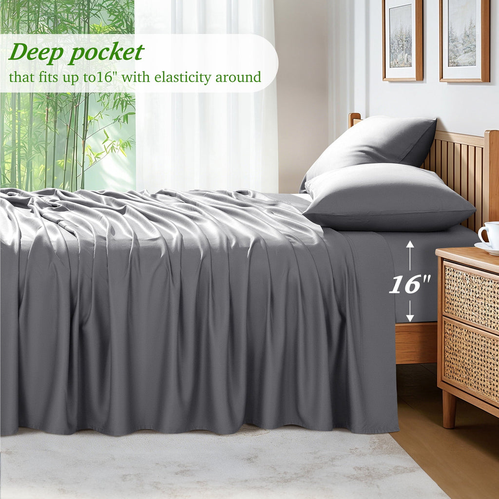 Cooling Sateen Bamboo Queen Sheet Set, Luxury Soft 4 Pieces Bed Sheets with 18" Deep Pocket, Gray - Cooling Hotel Quality Bedding Sheets and Pillowcases Detail