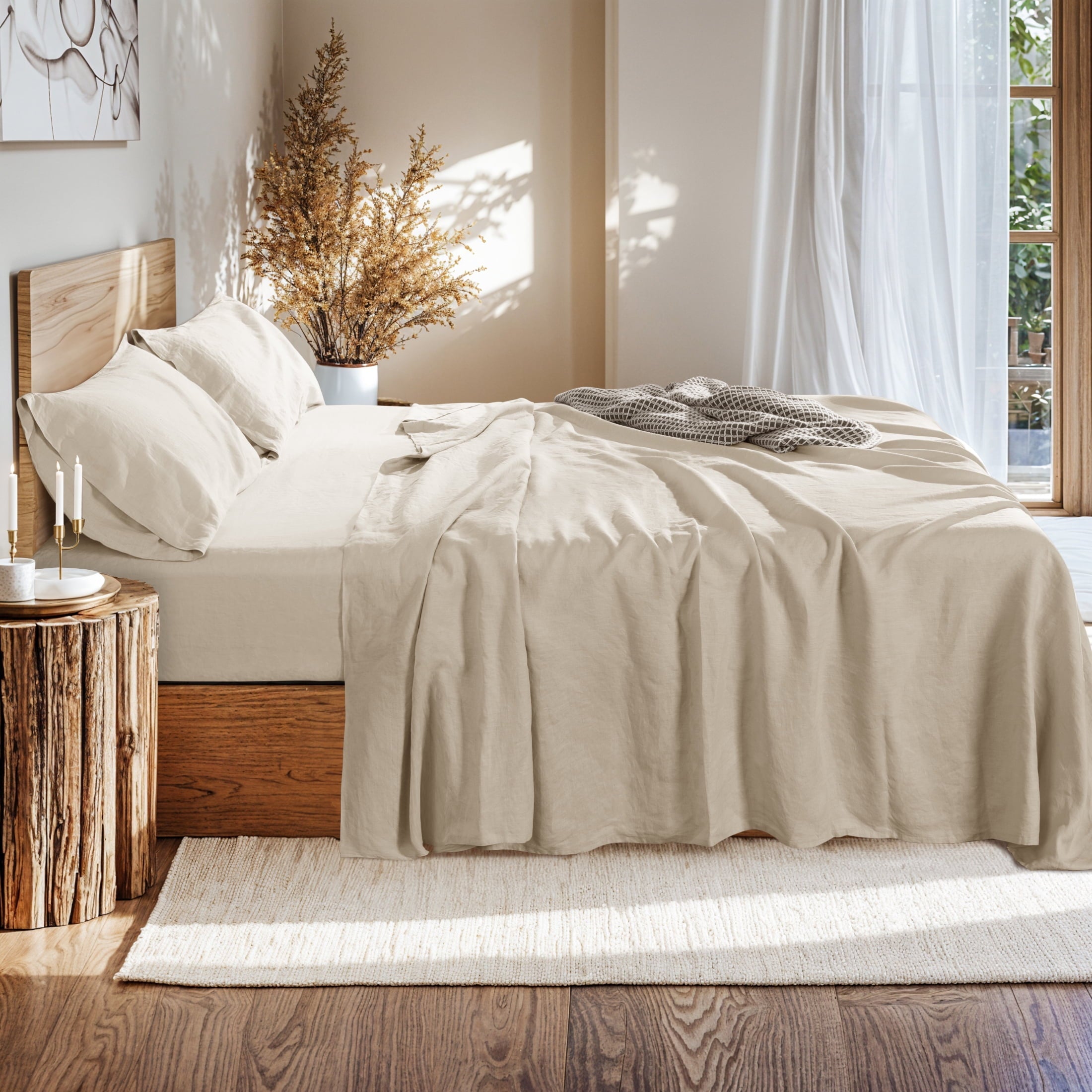 Breathable Luxury Natural Linen Cotton Bed Sheets Set, Deep Pocket - Breathable - Durable - 4 Pieces (Linen, Queen) - Cooling Hotel Quality Bedding Sheets and Pillowcases Detail