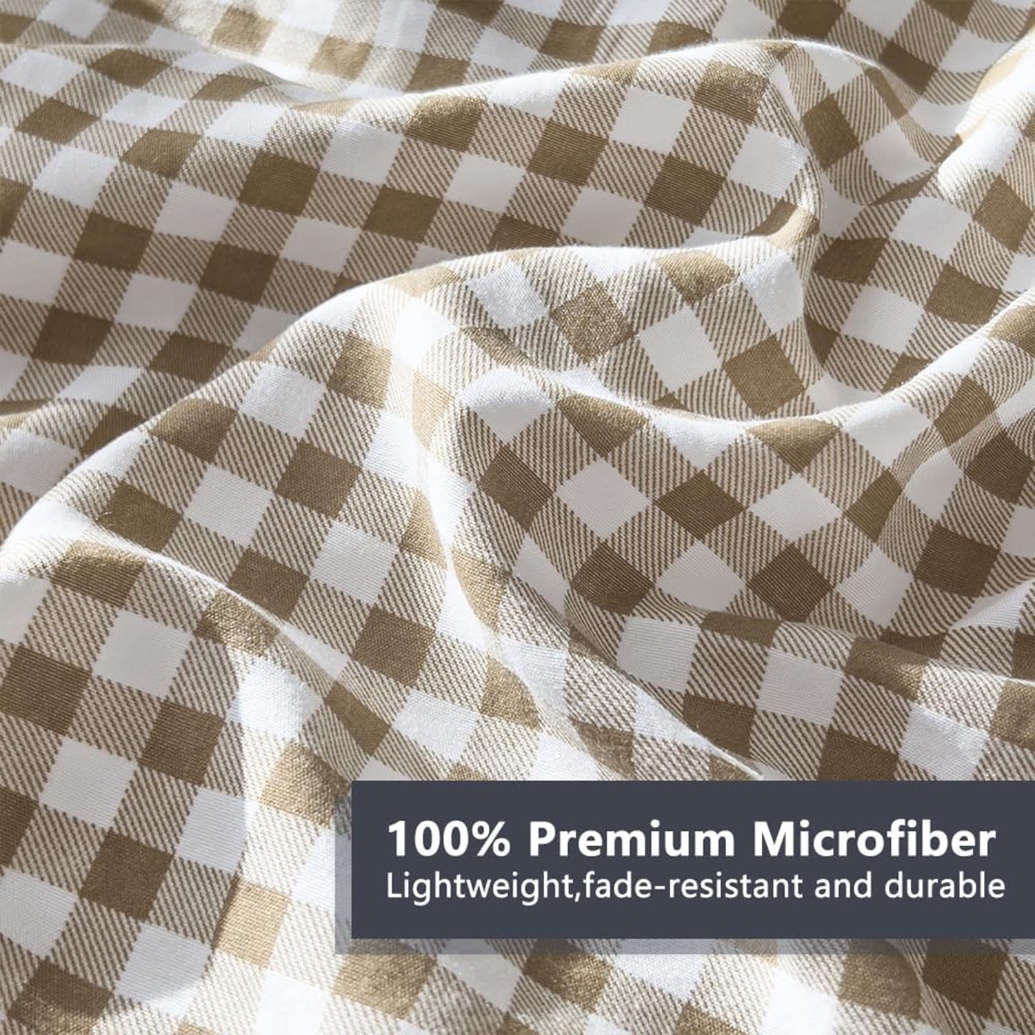 All-Season Tan Gingham Queen Comforter Set, Taupe Plaid Bedding Set, Checked Bed Comforter 3 Pieces(Tan Gingham, Queen) - All-Season Down Alternative Comforter Insert Detail