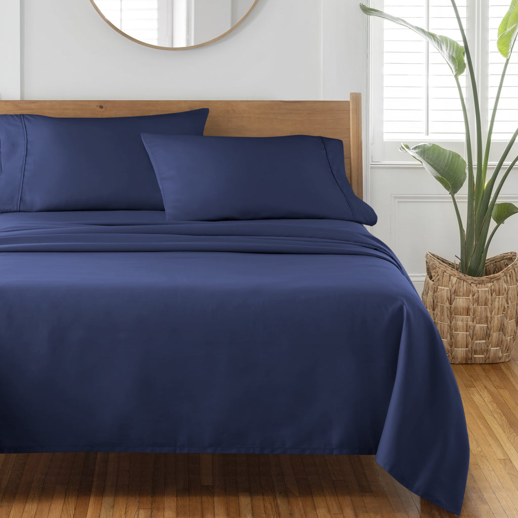Wrinkle-Resistant 4-Piece 300 Thread Count Blue Cove Cotton Sateen Bed Sheet Set, Queen - Premium Ultra-Soft Pillowcase Pair for Sleeping Detail