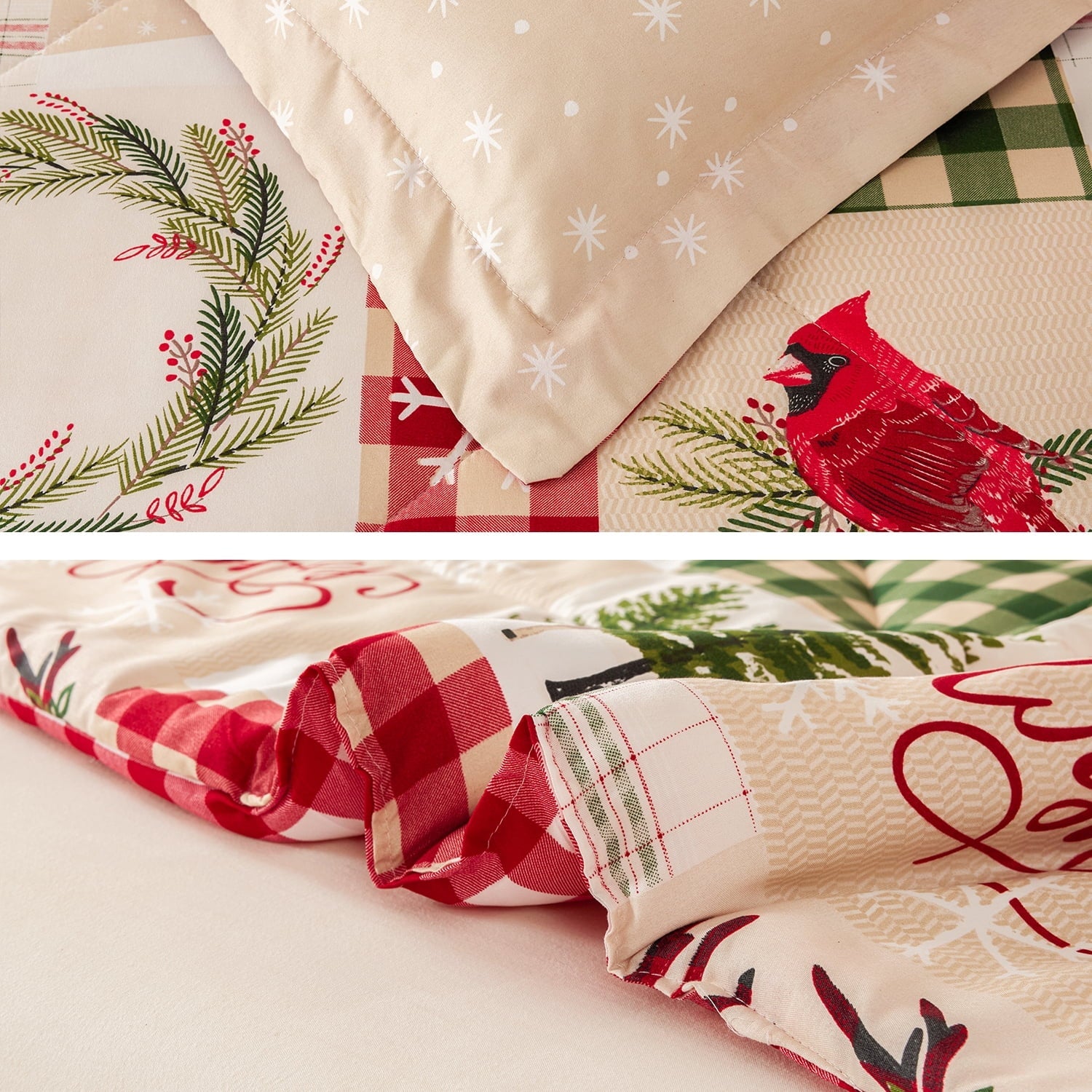 Heavyweight Warmth 3 Pcs Christmas Comforter Set, Bed in a Bag Wreath Snowman Queen/Full Size Xmas Bedding Set Fitted Pillowcases for Adult - Luxurious Quilted Duvet Cover Set Detail