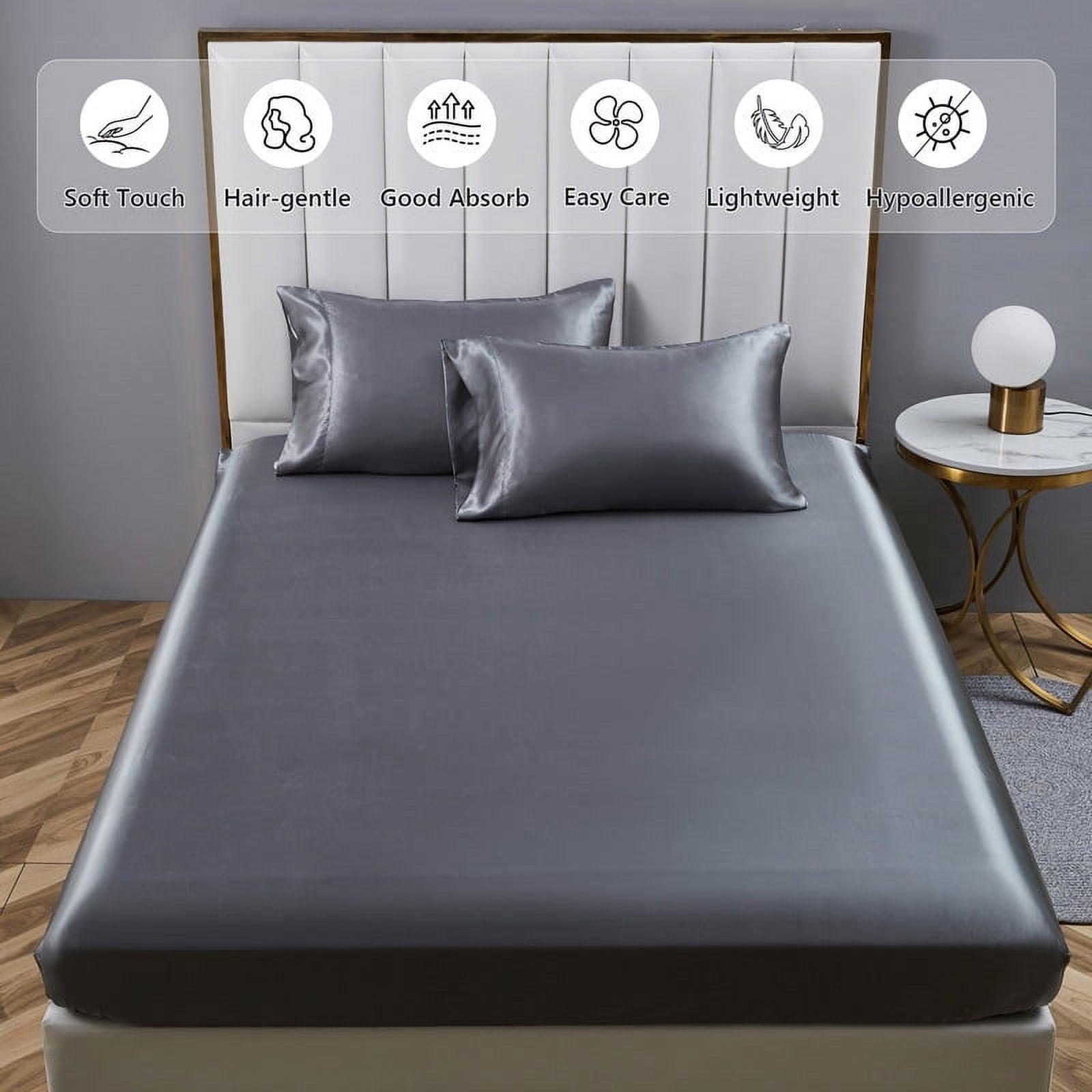 Premium Egyptian Cotton Luxury 5-Piece Satin Sheets Twin Silk Sheets Bed Sheet Set Ultra-Silky & Skin-Friendly Deep Pocket Bed Flat Fitted Sheet - Cooling Hotel Quality Bedding Sheets and Pillowcases Detail