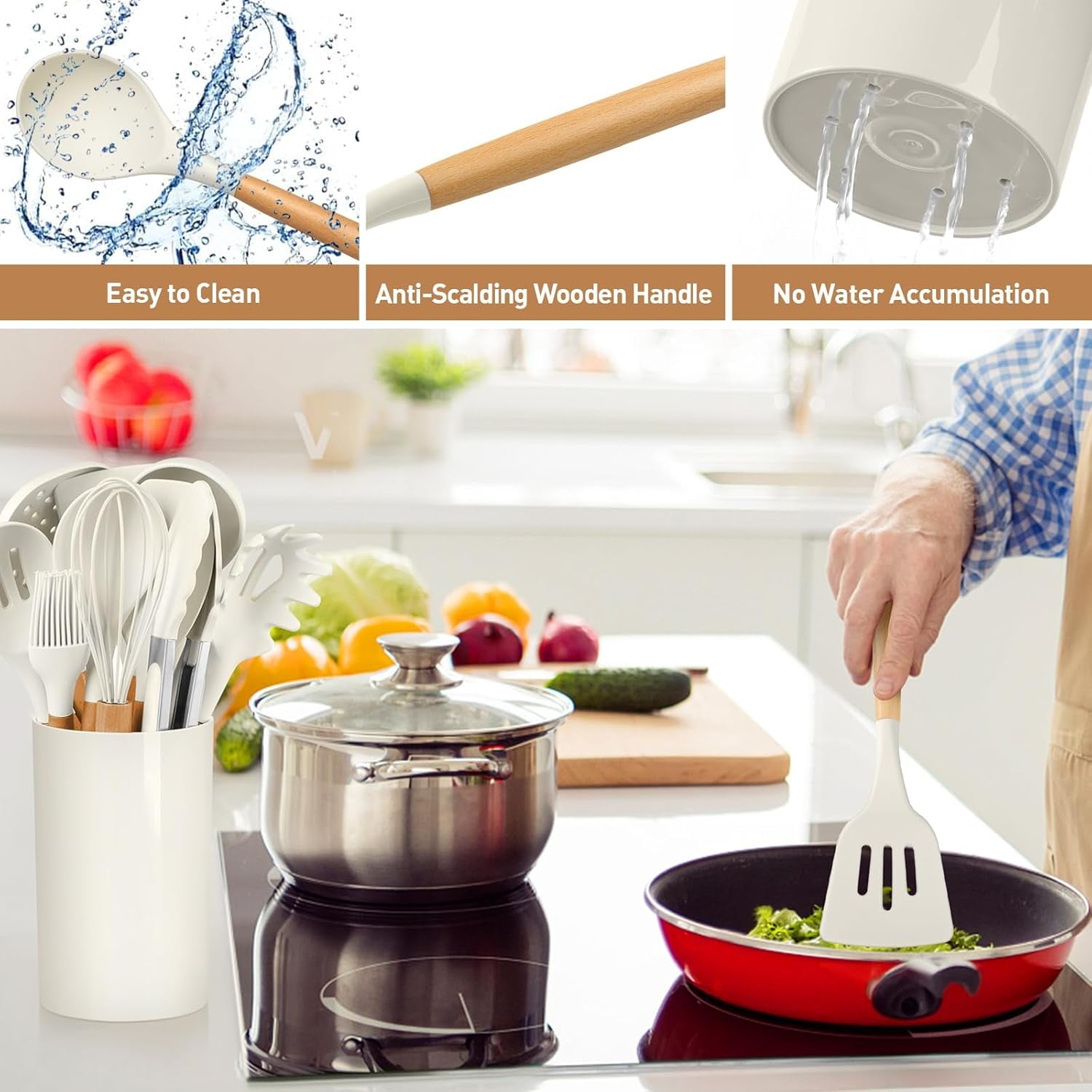 Non-Stick Safe Cooking Utensils Set, 12 packs Non-Stick Silicone Cooking Kitchen Utensils Spatula Set with Wooden Handles and... - Heat-Resistant Silicone Cooking Spatula Turner Detail