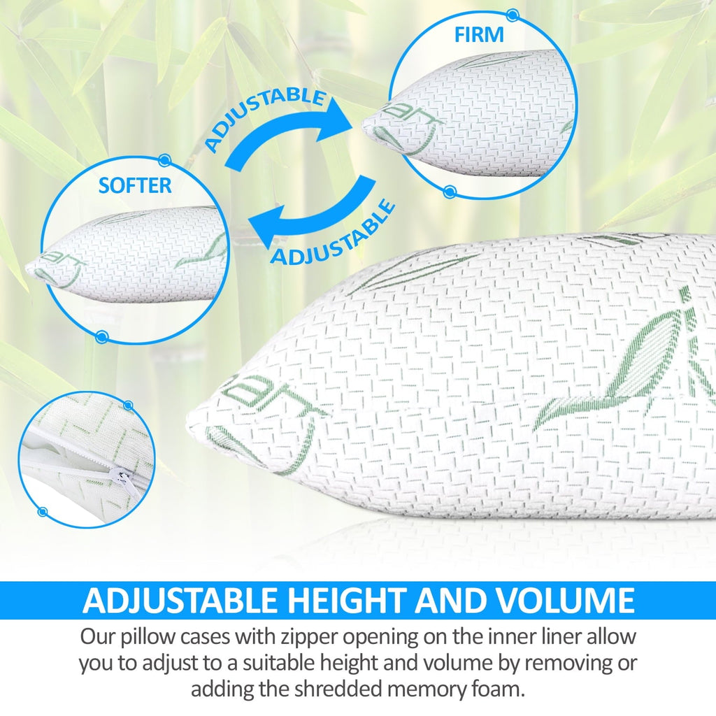 Hotel Collection Queen Size Bamboo Pillow, Memory Foam Bed Pillows with Washable Pillowcases, Queen - Hotel Quality Plush Sleeping Pillows Detail