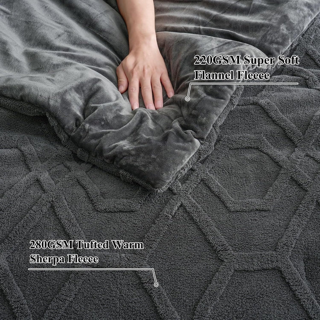 Fluffy Down Alternative Warm Sherpa Fleece Queen Comforter Set, 3D Tufted Fluffy Dark Grey Bedding for Winter, Soft 3 Pieces Shaggy Bed Set, ... - Luxurious Quilted Duvet Cover Set Detail
