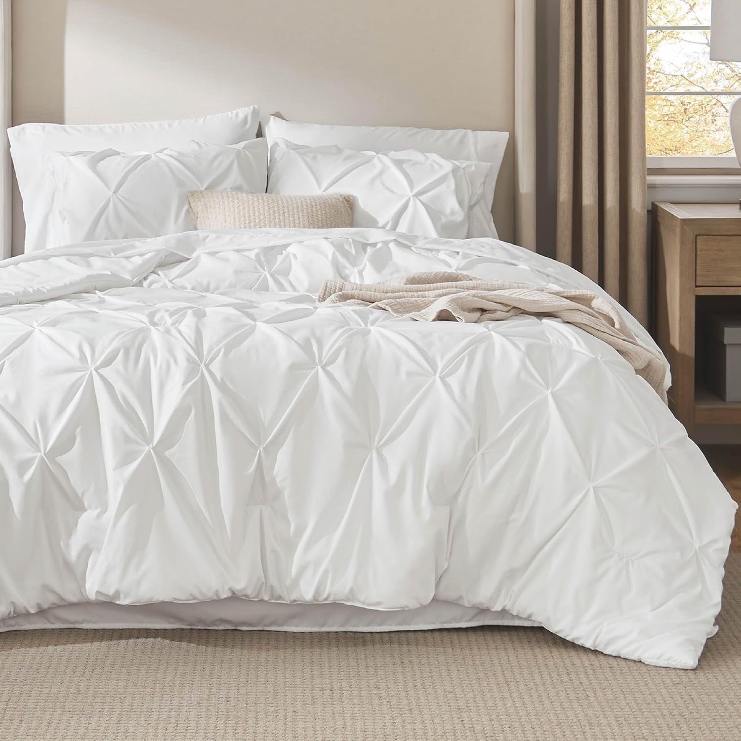 Luxurious Quilted White Queen Comforter Set- 7 Pieces Pintuck Bedding Set with Comforters, Sheets, Pillowcases & Shams - Cloud-Like Soft Lightweight Bed Comforter Detail