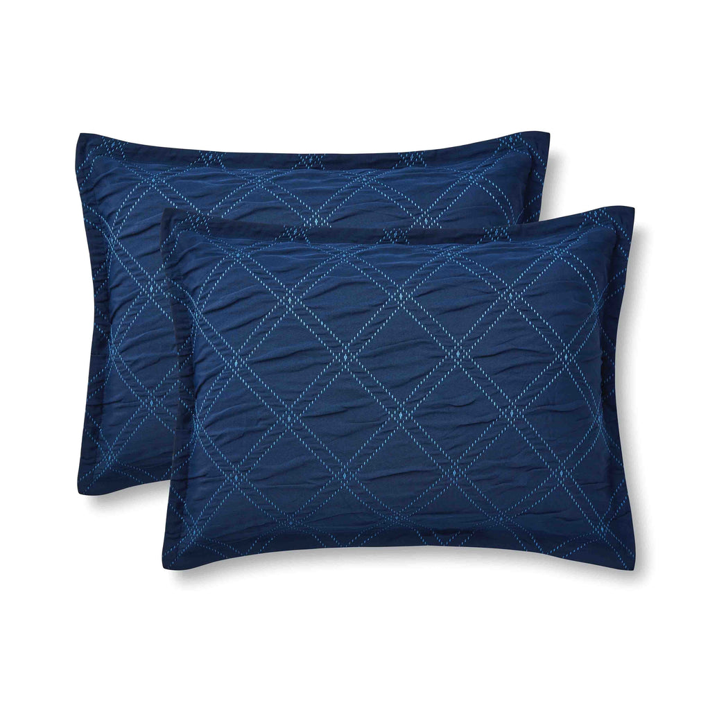 Luxurious Quilted 5-Piece Reversible Comforter Set Navy Cross Stitch Bedding with Decor Pillow and Throw, Full/Queen - Hypoallergenic Ultra-Fluffy Quilt for Winter Detail