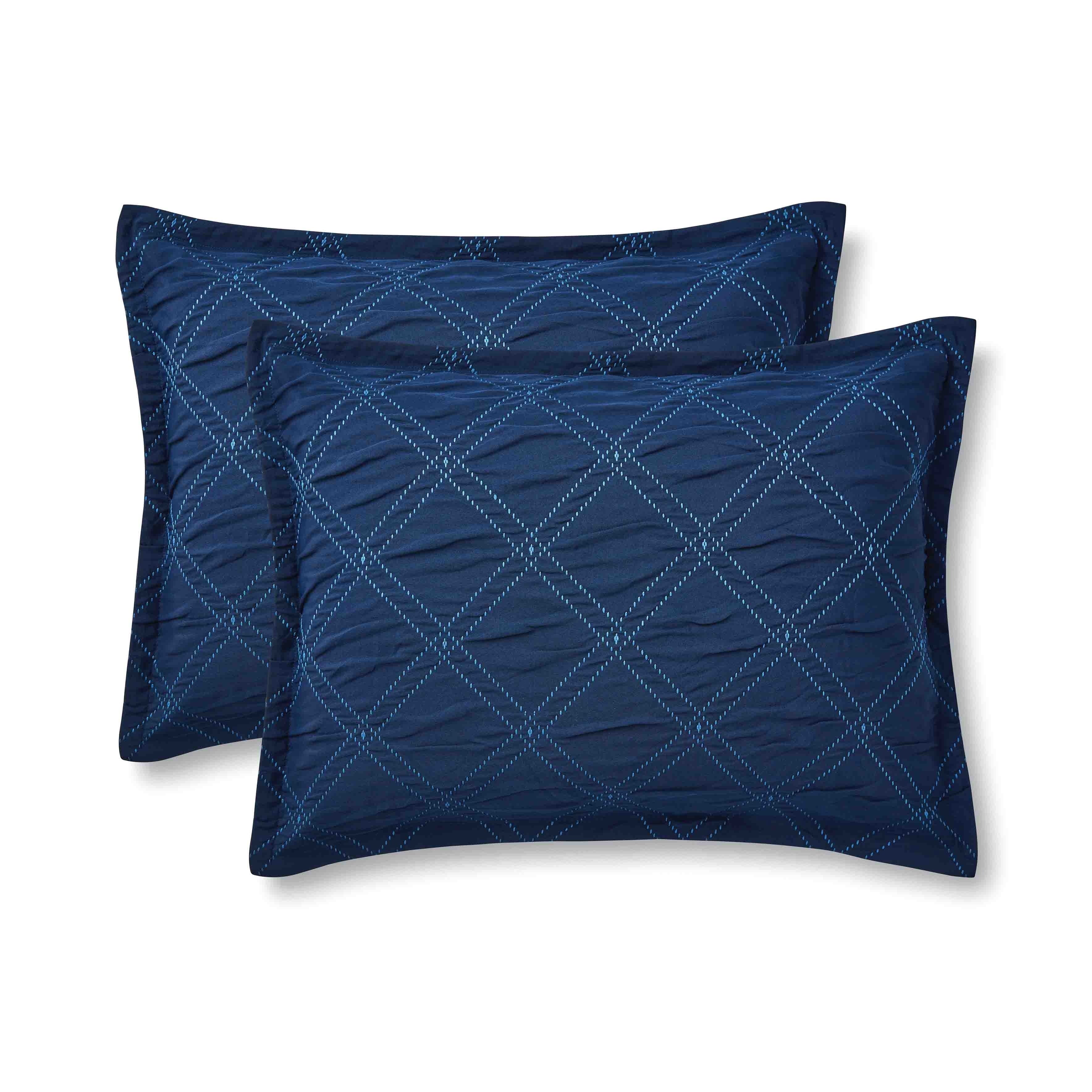Luxurious Quilted 5-Piece Reversible Comforter Set Navy Cross Stitch Bedding with Decor Pillow and Throw, Full/Queen - Hypoallergenic Ultra-Fluffy Quilt for Winter Detail