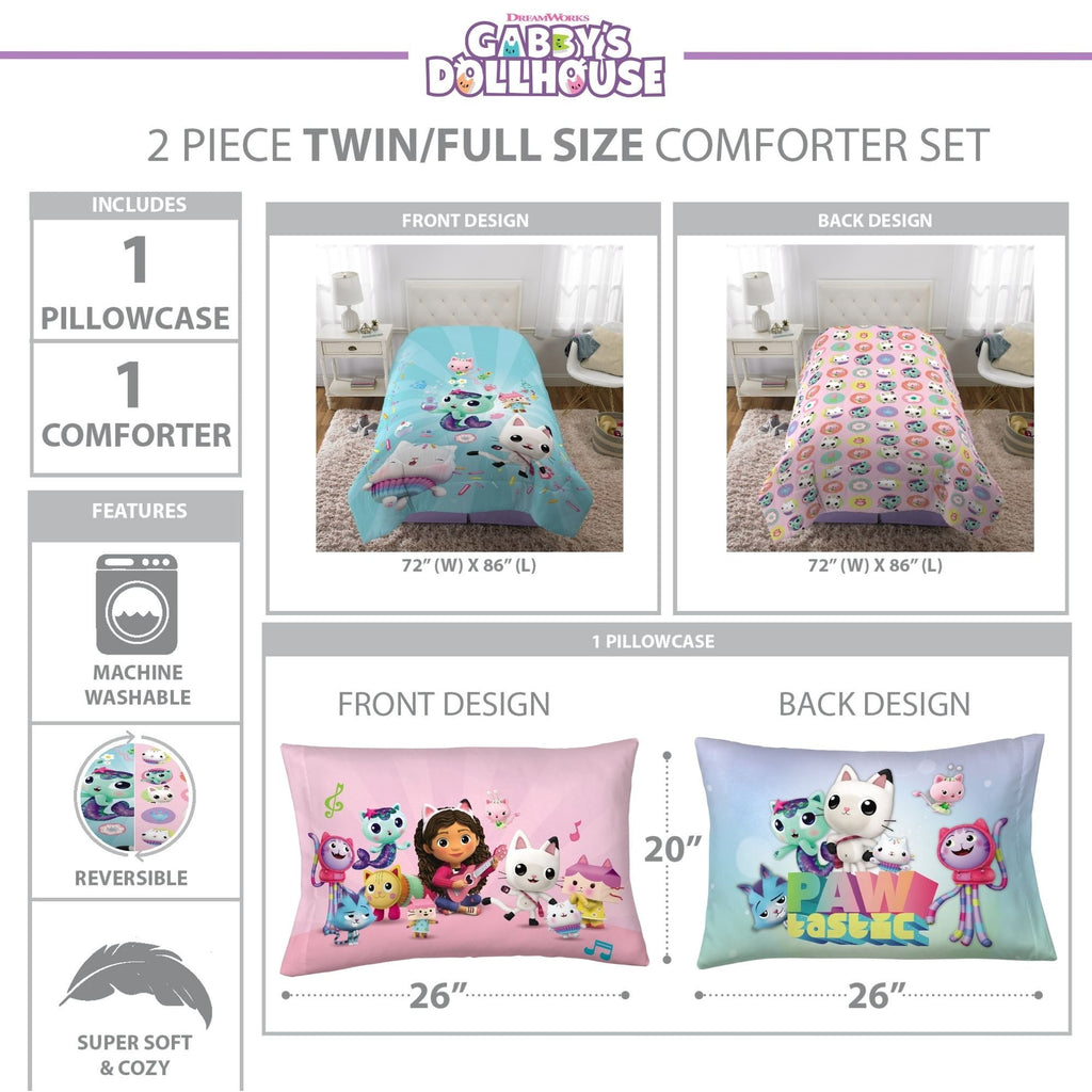 Fluffy Down Alternative Gabby's Dollhouse Kids Comforter and Pillowcase, 2-Piece Set, Twin/Full, Reversible - Luxurious Quilted Duvet Cover Set Detail