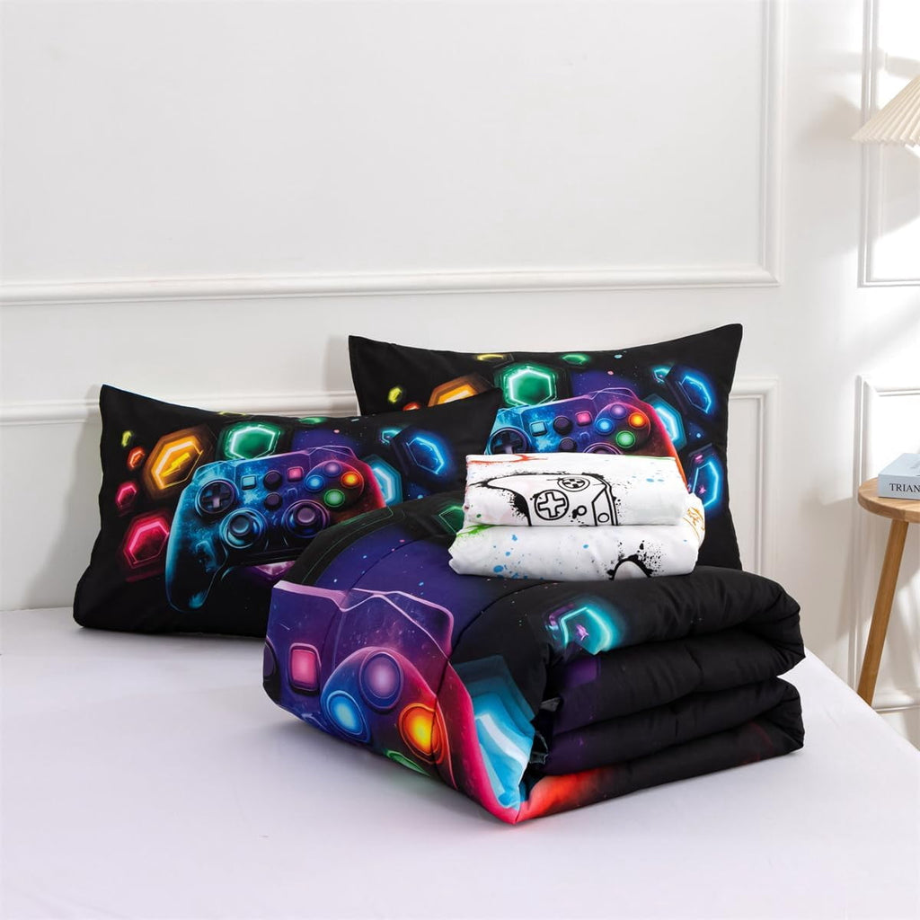 All-Season Game Console Comforter Set for Boys Girls Kids Space Universe Gaming Geometric Lightweight Microfiber Gamer Bedding S... - Luxurious Quilted Duvet Cover Set Detail