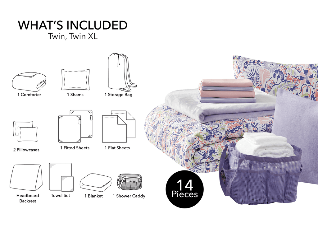 Heavyweight Warmth 14pc College Dorm Essentials Bundle, Twin-XL, Reversible Bed in a Bag Comforter Set, Purple Floral - Cloud-Like Soft Lightweight Bed Comforter Detail