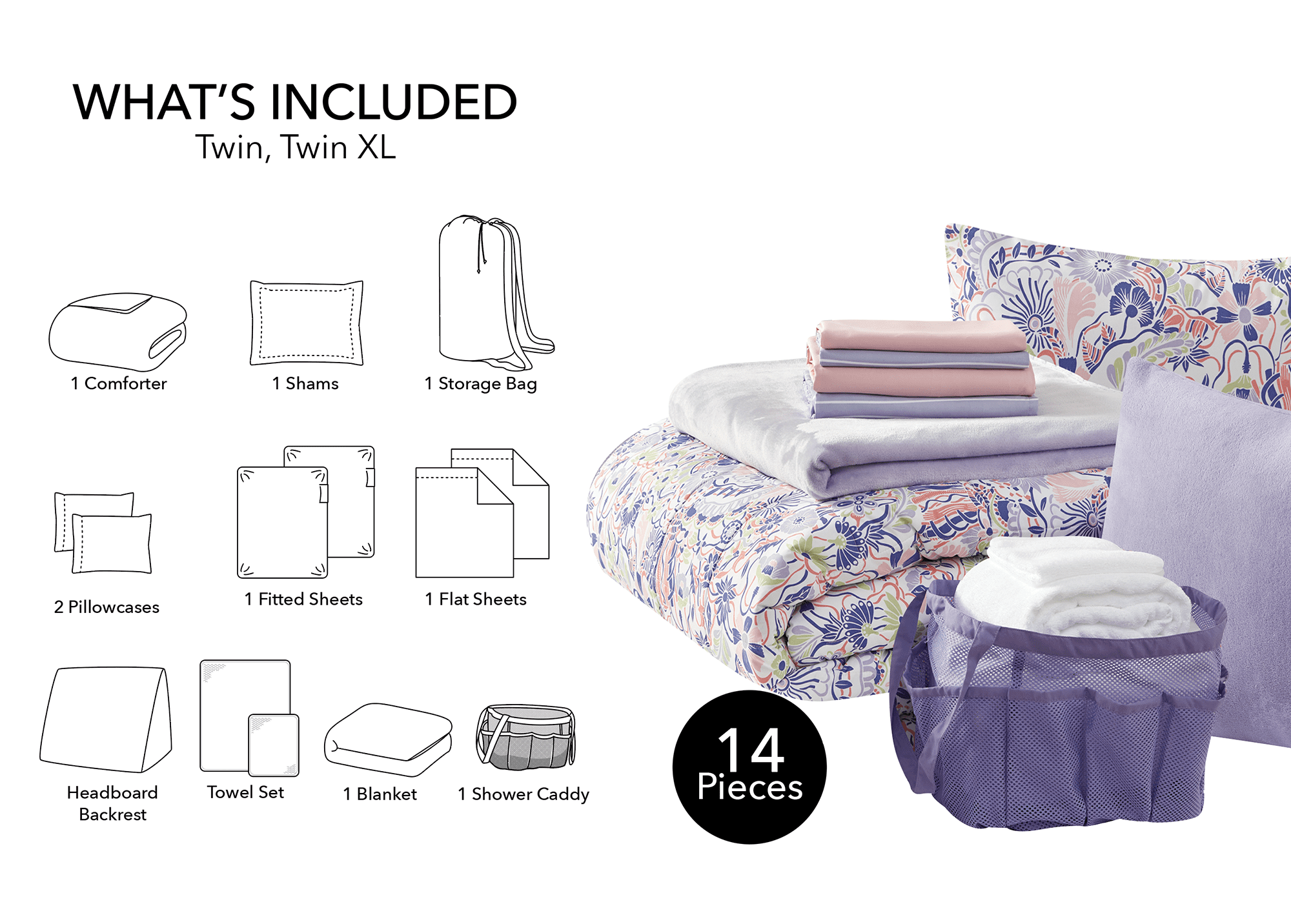 Heavyweight Warmth 14pc College Dorm Essentials Bundle, Twin-XL, Reversible Bed in a Bag Comforter Set, Purple Floral - Cloud-Like Soft Lightweight Bed Comforter Detail