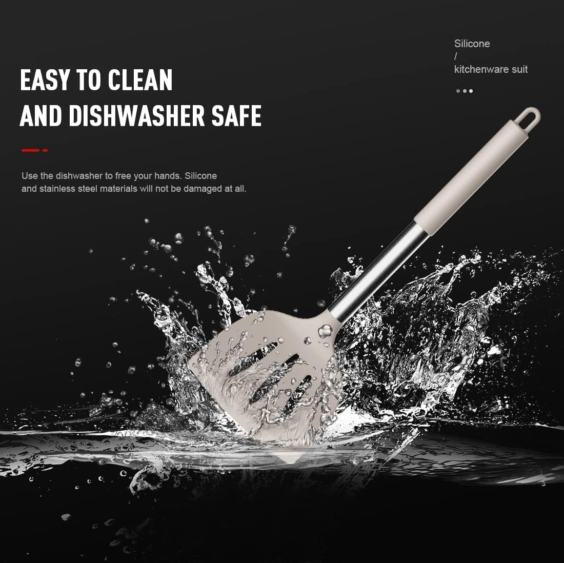 Heat-Resistant Large Silicone Cooking Utensils Set - Heat Resistant Kitchen Utensils,Turner Tongs,Spatula,Spoon,Brush,Whisk,Stainles... - Durable Turner & Ladle Utensil Set for Home Chefs Detail