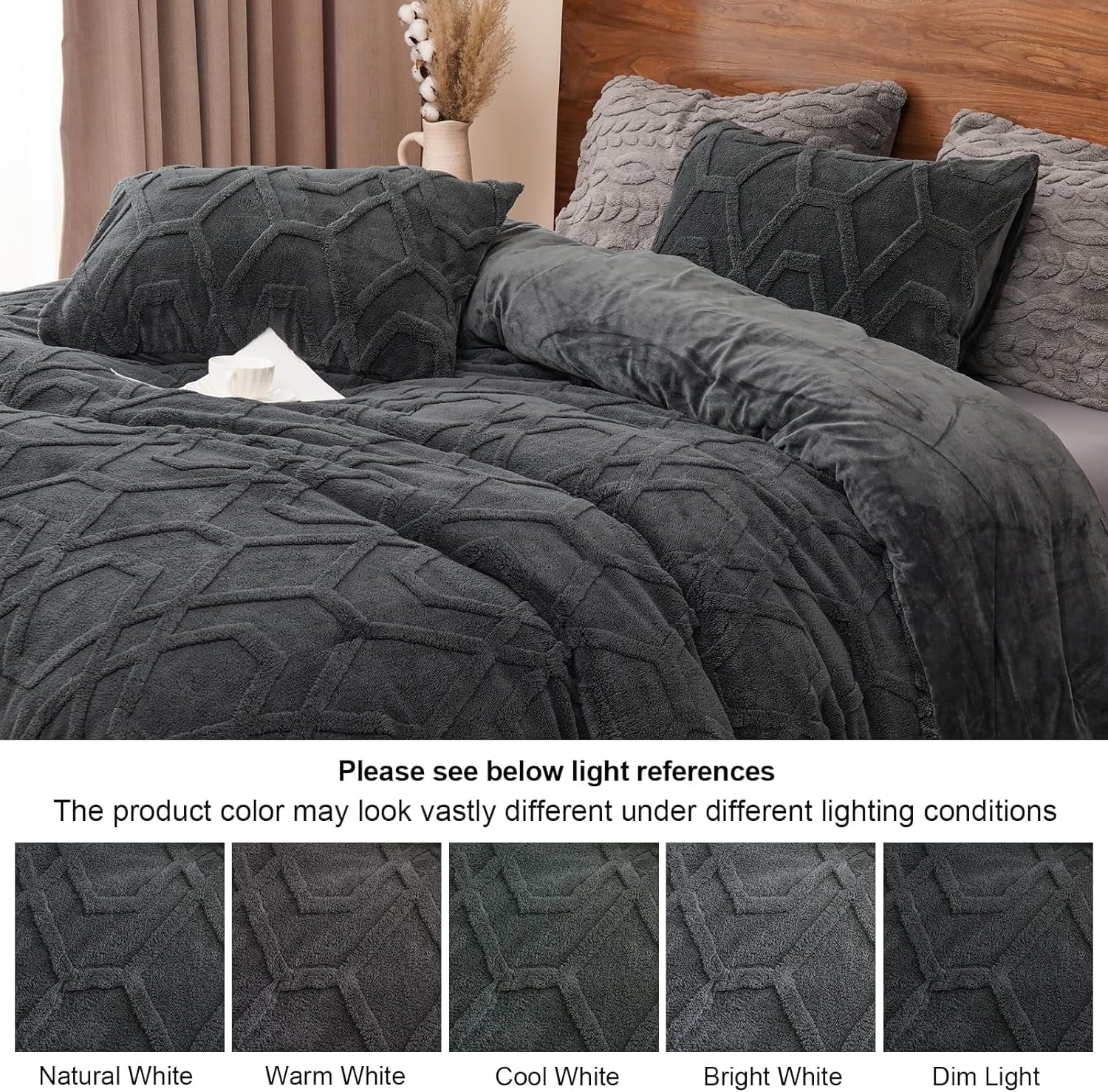 Fluffy Down Alternative Warm Sherpa Fleece Queen Comforter Set, 3D Tufted Fluffy Dark Grey Bedding for Winter, Soft 3 Pieces Shaggy Bed Set, ... - Luxurious Quilted Duvet Cover Set Detail