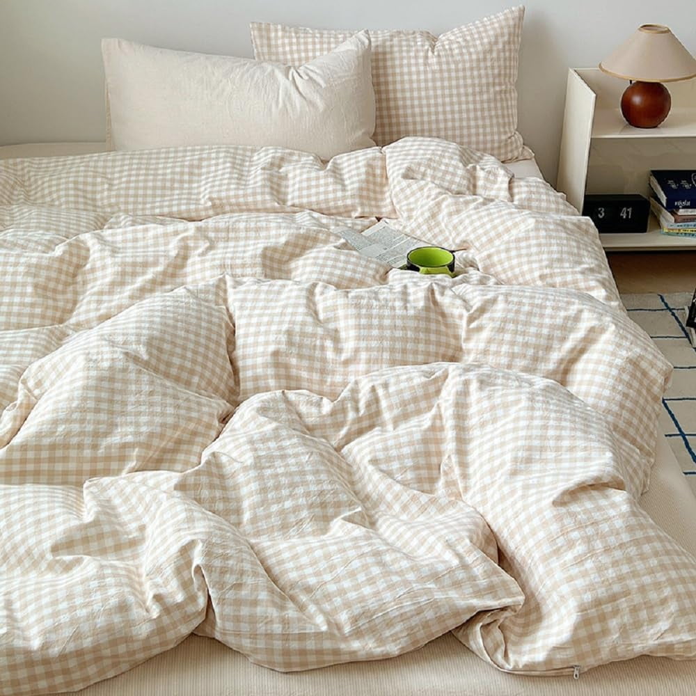 Fluffy Down Alternative Soft Beige White Plaid Comforter Twin Sets, 2 Pieces Breathable Plaid Buffalo Checkered Comforter for All Season - All-Season Down Alternative Comforter Insert Detail