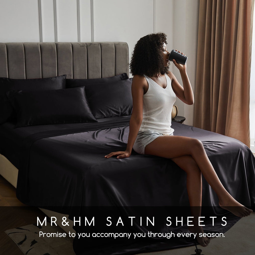Cooling Sateen Set Queen 4 Pcs, Silky Elegant Luxurious Queen Size Bed s, with Flat , Deep Pocket Fitted for Mattress and Matching P... - Cooling Hotel Quality Bedding Sheets and Pillowcases Detail