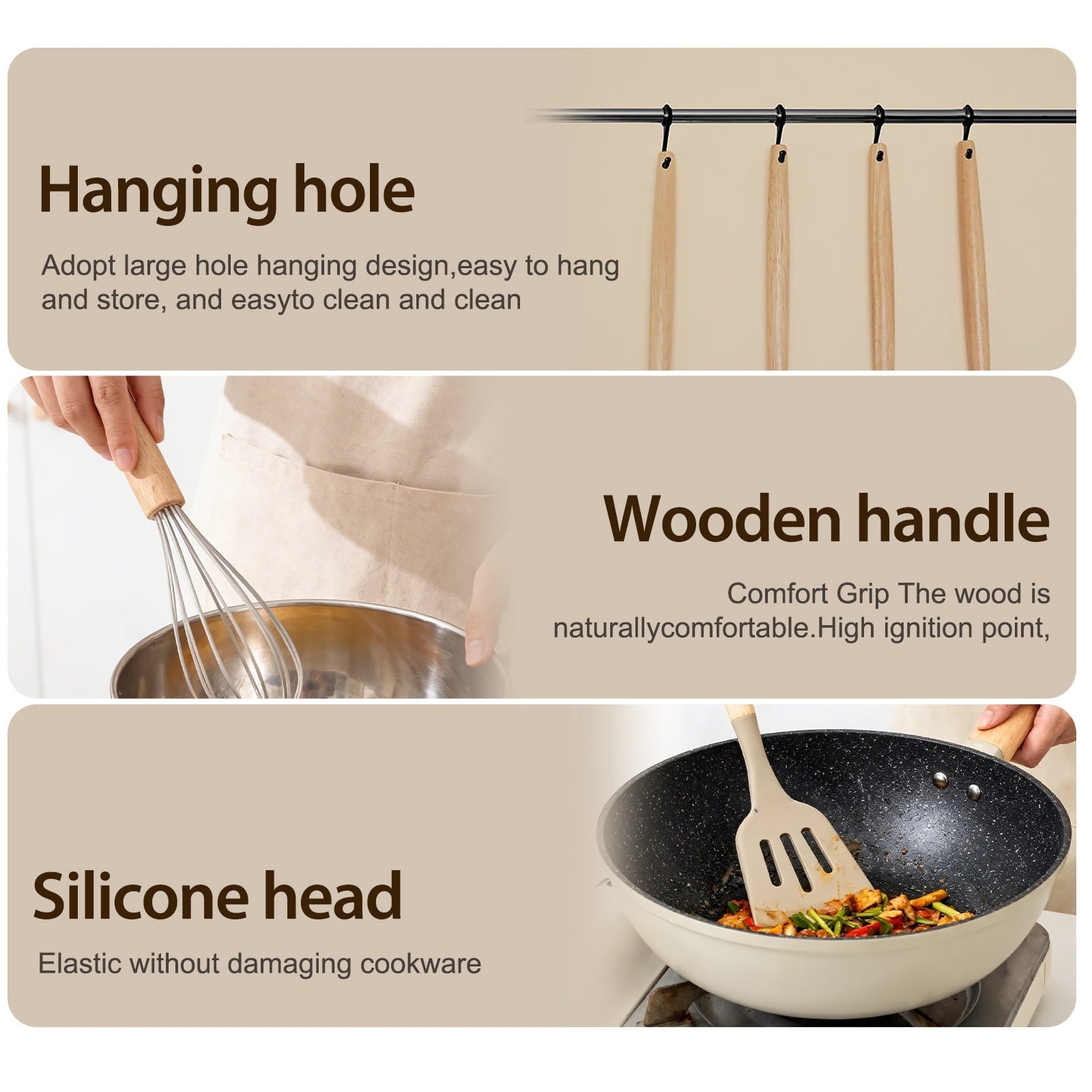Seamless One-Piece Silicone Cooking Utensils Set, Heat Resistant Kitchen Tools, 36 PCS Non-Stick Silicone Cooking Kitchen Utensils, Khaki - Ergonomic Kitchen Tongs and Cooking Spoon Utensil Detail
