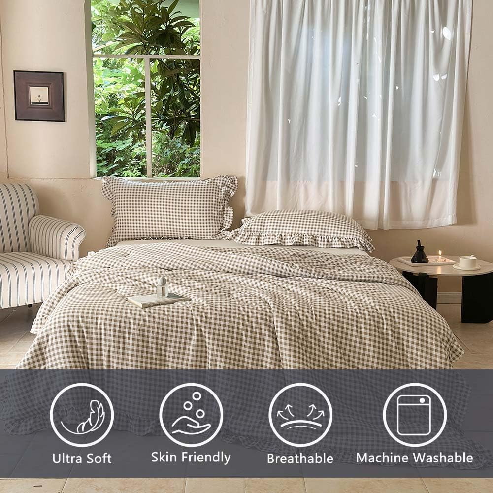 Fluffy Down Alternative Tan Gingham Ruffle Queen Comforter Set, Taupe Ruffled Plaid Bedding Set, Ruffled Checked Bed Comforter 3 Pieces(Tan G... - All-Season Down Alternative Comforter Insert Detail