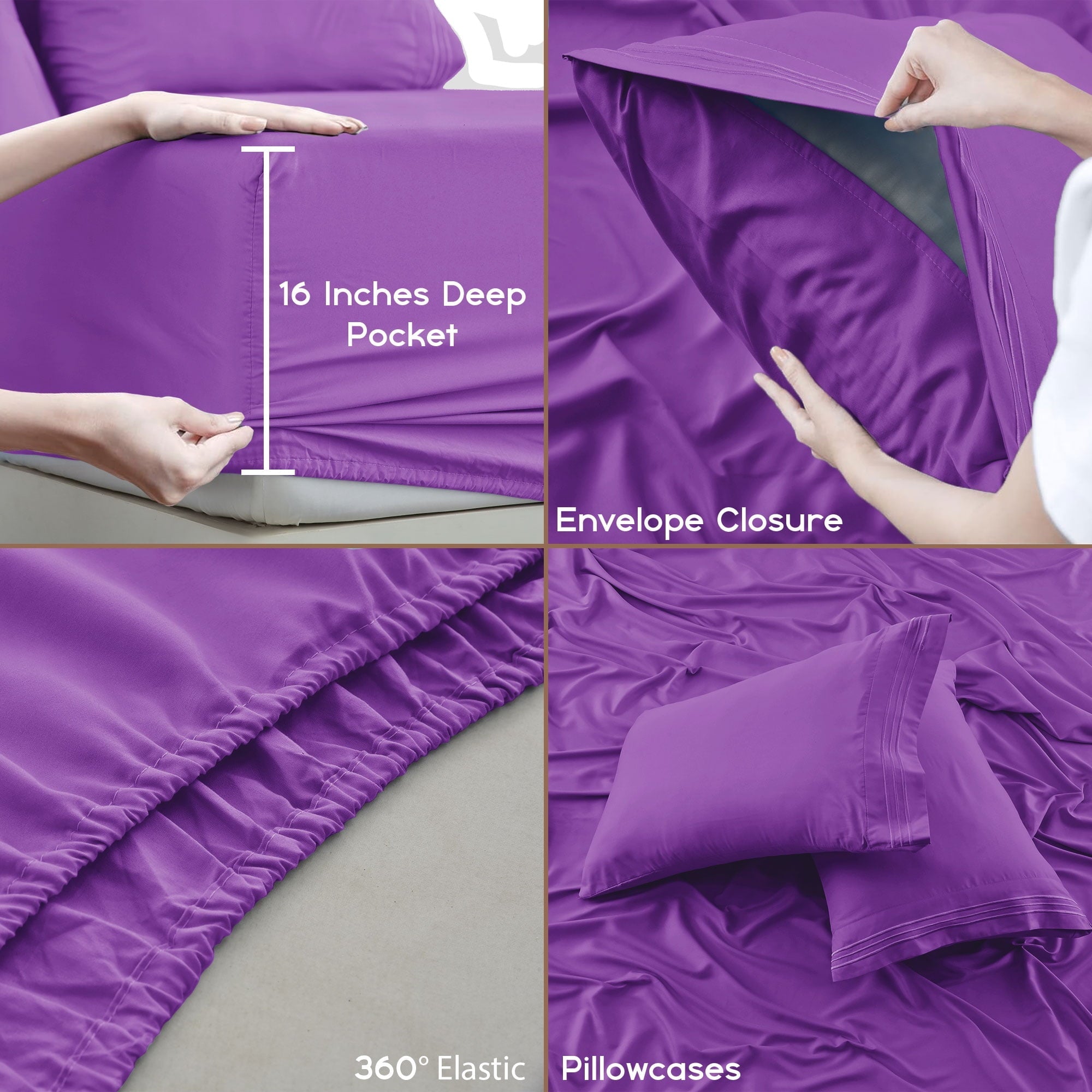 Premium Egyptian Cotton King Bed Sheets - 16 Inch Deep Pocket 6 Piece Microfiber Bedding Sheets & Pillowcase Sets - Purple - Premium Ultra-Soft Pillowcase Pair for Sleeping Detail