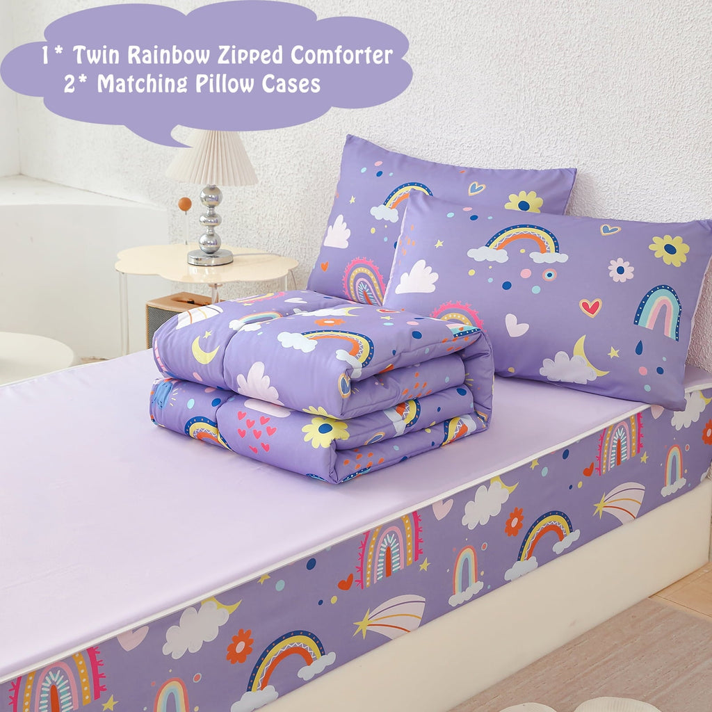 Hypoallergenic Cloud Zipper Kids Comforter Set, 3-Piece Purple Twin Bed in a Bag, Cartoon Rainbow Stars Flowers Printed Zip Up Comforter S... - Hypoallergenic Ultra-Fluffy Quilt for Winter Detail