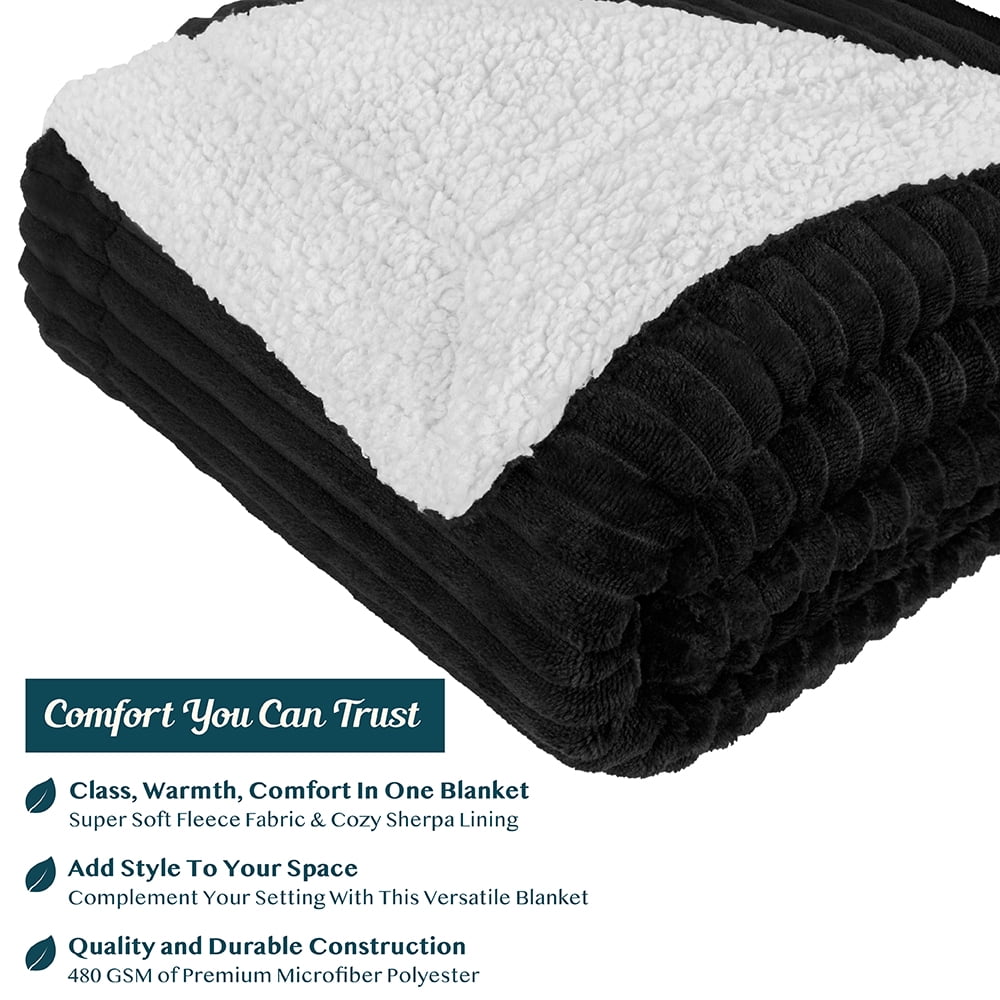 Decorative Knitted Reversible Sherpa Fleece Throw Blanket Black, Plush Flannel Throw, Ultra Soft Warm Ribbed Microfiber Blanket for Sofa... - Luxury Knitted Decorative Throw Blanket with Fringes Detail