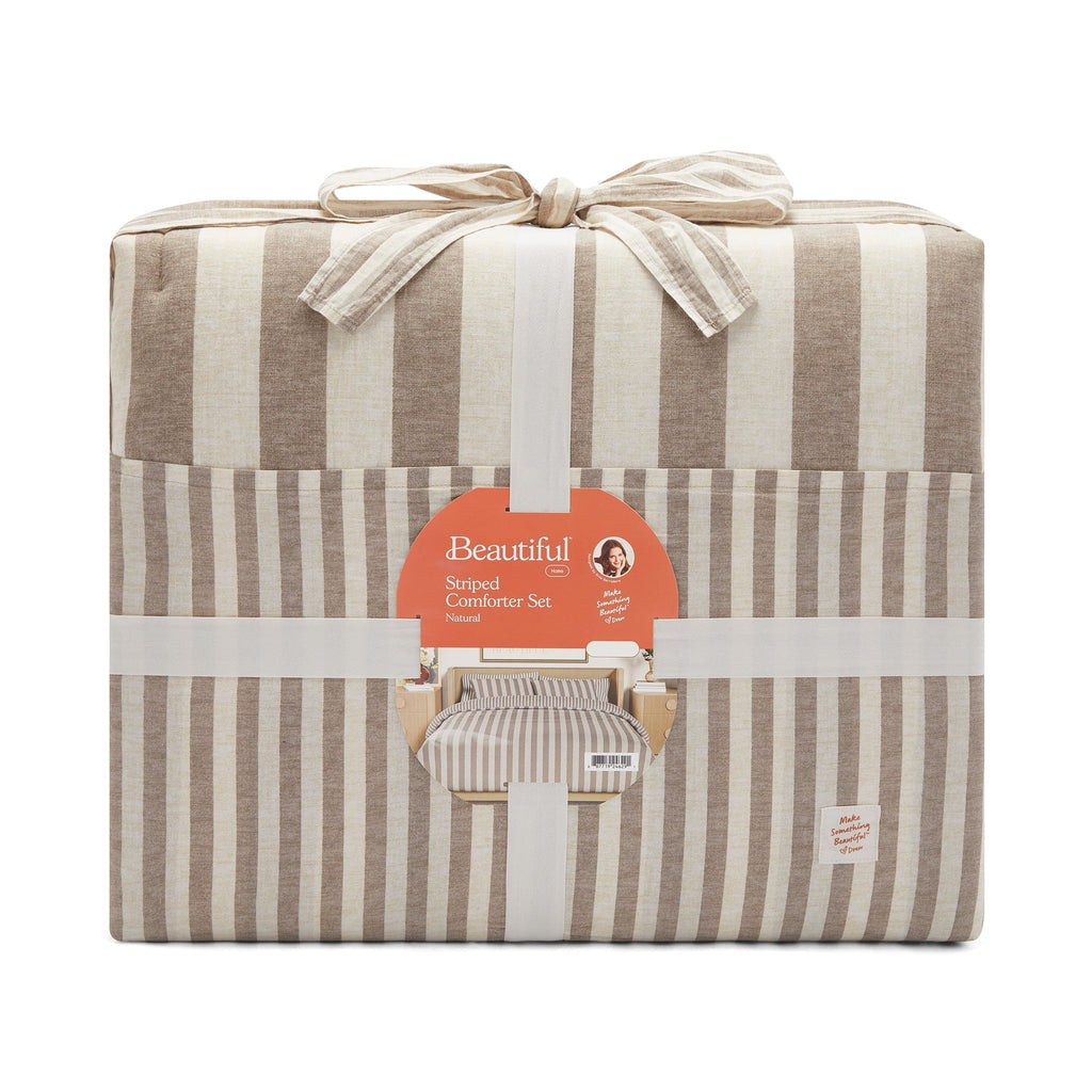 Hypoallergenic Cloud 100% Cotton Striped 3-Piece Natural Comforter Set, Full/Queen - All-Season Down Alternative Comforter Insert Detail