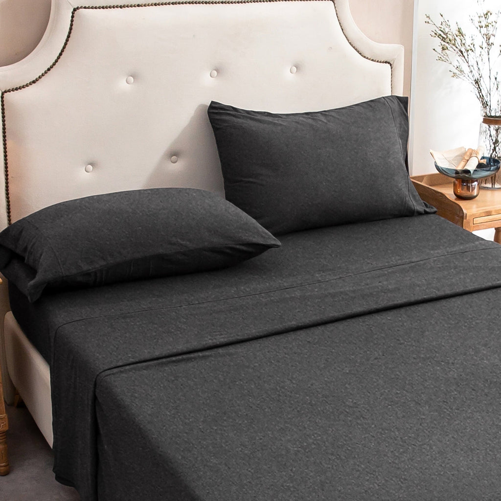 Ultra-Soft 100% Cotton Jersey Knit 4pc Bed Sheet Set Extra Deep Pocket up to 20" Charcoal Gray Queen - Breathable Egyptian Cotton Flat & Fitted Sheets Detail