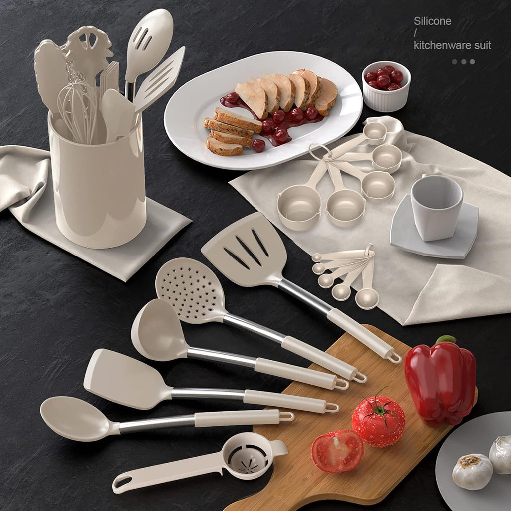 Heat-Resistant Large Silicone Cooking Utensils Set - Heat Resistant Kitchen Utensils,Turner Tongs,Spatula,Spoon,Brush,Whisk,Stainles... - Durable Turner & Ladle Utensil Set for Home Chefs Detail