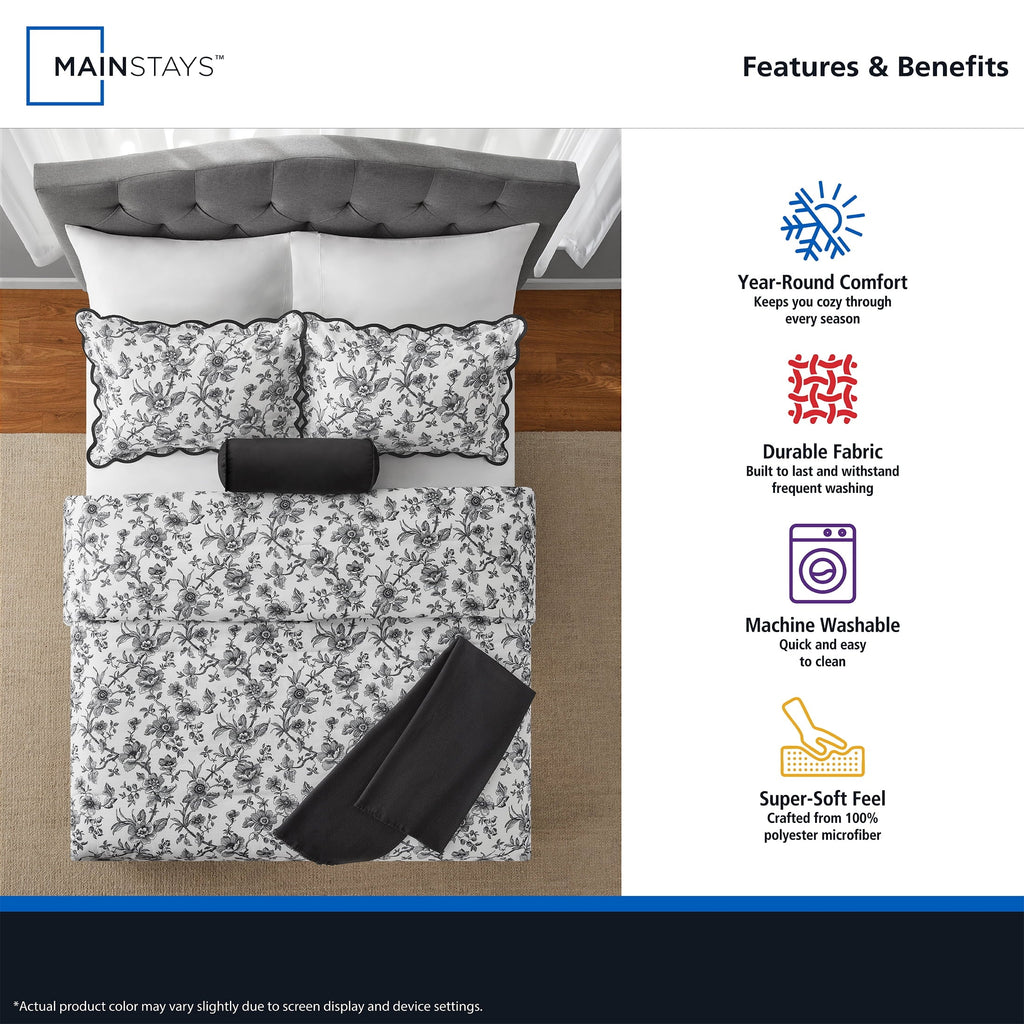 Heavyweight Warmth Floral Scallop 4-Piece White/Black Comforter Set, Twin/Twin XL - All-Season Down Alternative Comforter Insert Detail