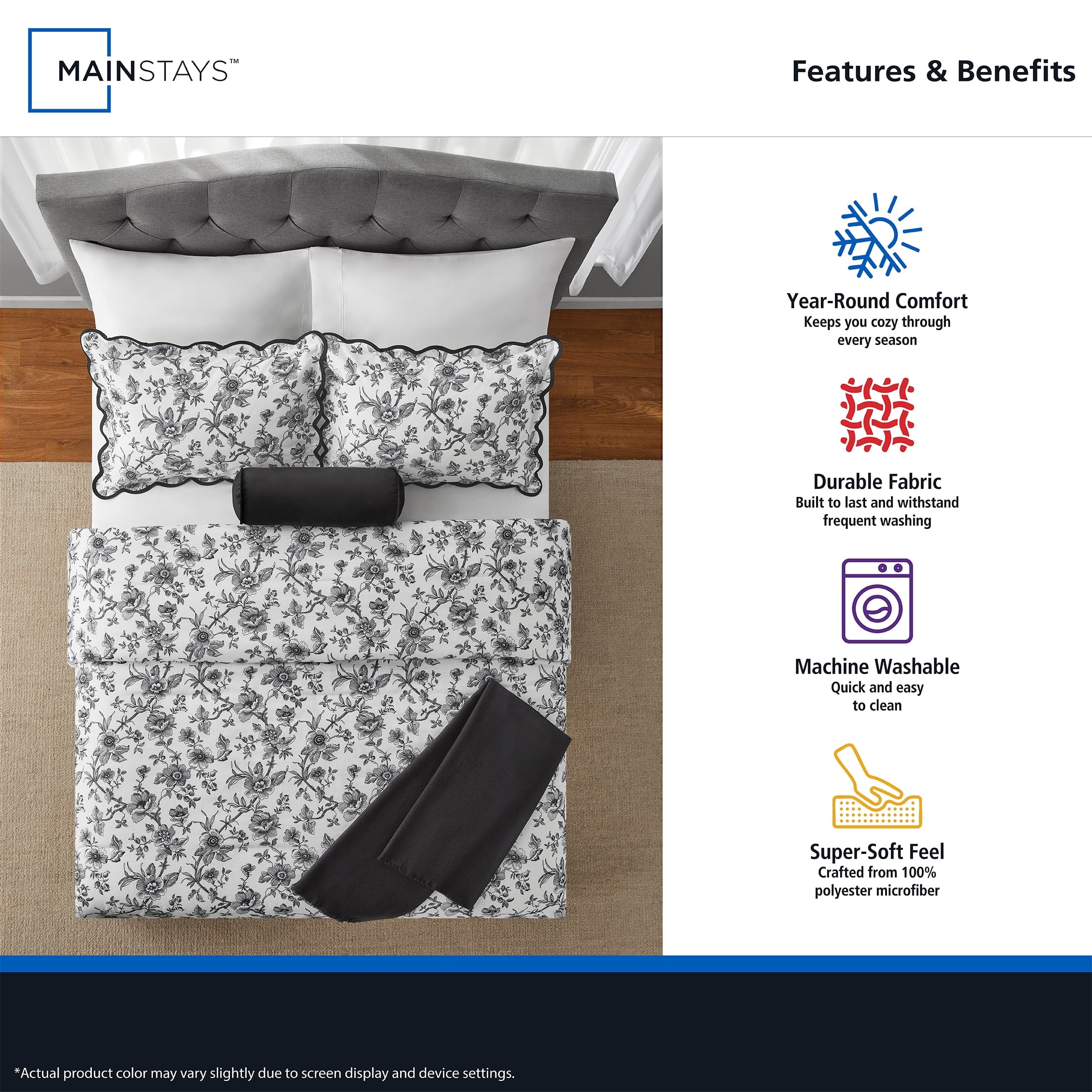 Heavyweight Warmth Floral Scallop 4-Piece White/Black Comforter Set, Twin/Twin XL - All-Season Down Alternative Comforter Insert Detail