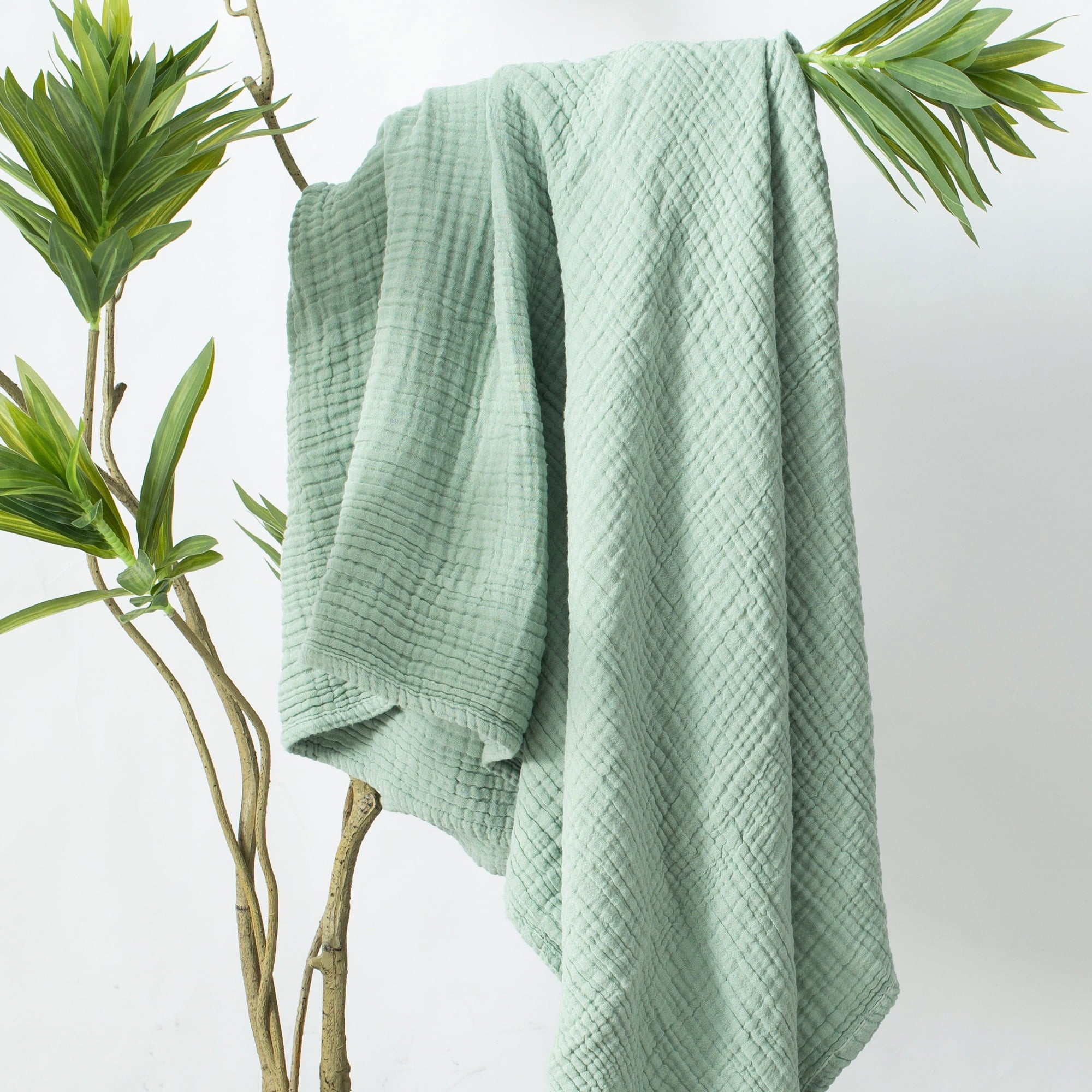 Super Soft Flannel 100% Cotton Muslin Throw Blanket Gauze Blankets for Adults Soft Throws for Bed and Couch, 50" x 70" Sage Green - Luxury Knitted Decorative Throw Blanket with Fringes Detail