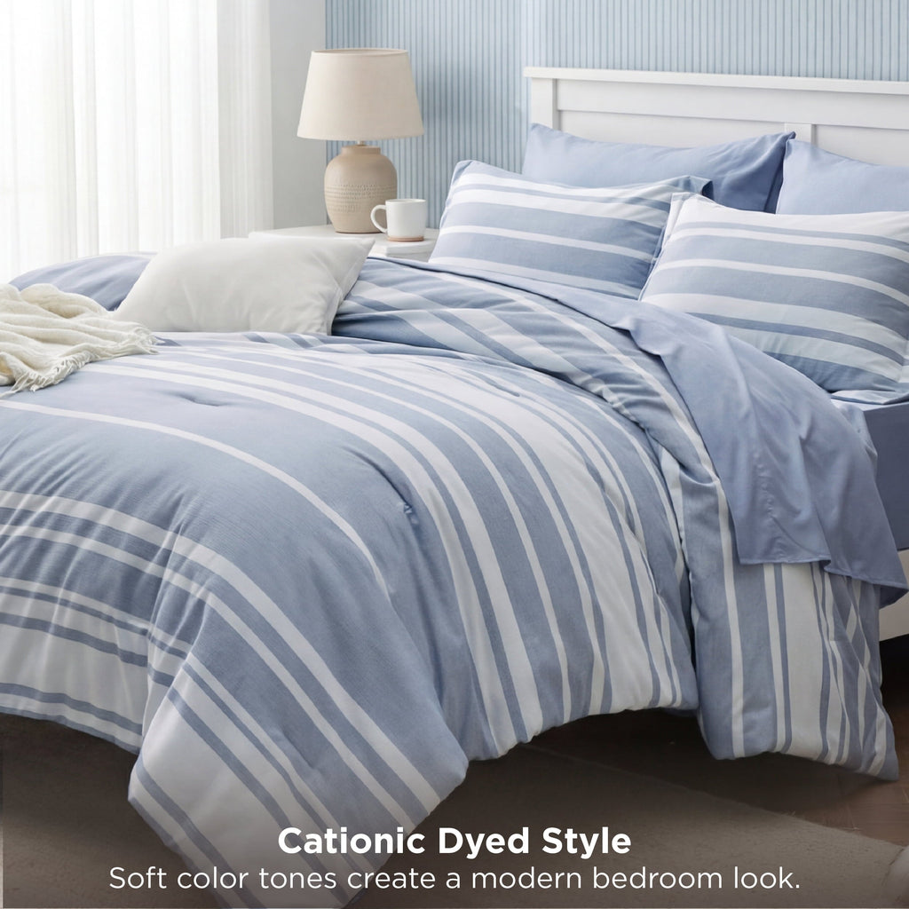 Heavyweight Warmth Queen Comforter Set Blue, Bed in a Bag Queen Size Bedding 7-Pieces, Striped Bedding Set for All Seasons - Luxurious Quilted Duvet Cover Set Detail