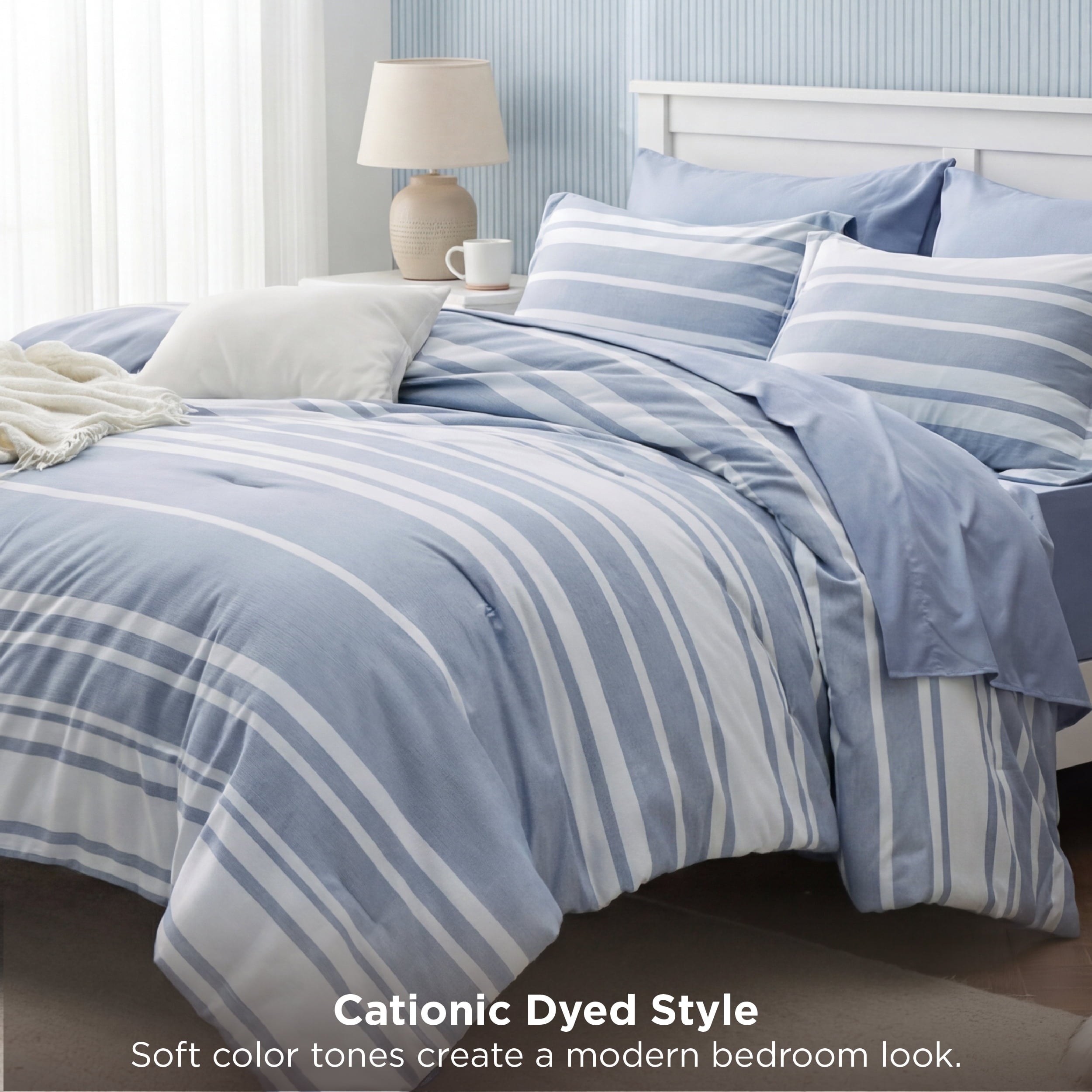 Heavyweight Warmth Queen Comforter Set Blue, Bed in a Bag Queen Size Bedding 7-Pieces, Striped Bedding Set for All Seasons - Luxurious Quilted Duvet Cover Set Detail