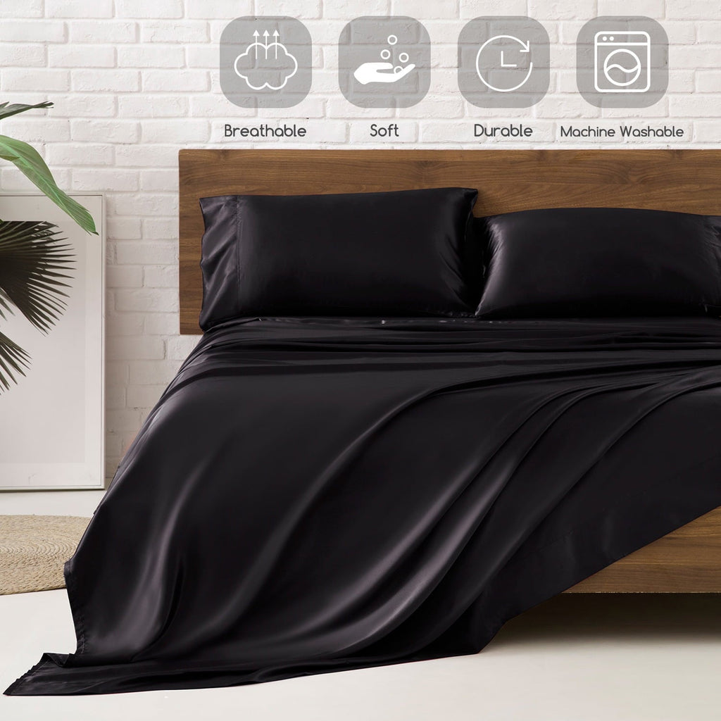 Cooling Sateen Set Queen 4 Pcs, Silky Elegant Luxurious Queen Size Bed s, with Flat , Deep Pocket Fitted for Mattress and Matching P... - Cooling Hotel Quality Bedding Sheets and Pillowcases Detail