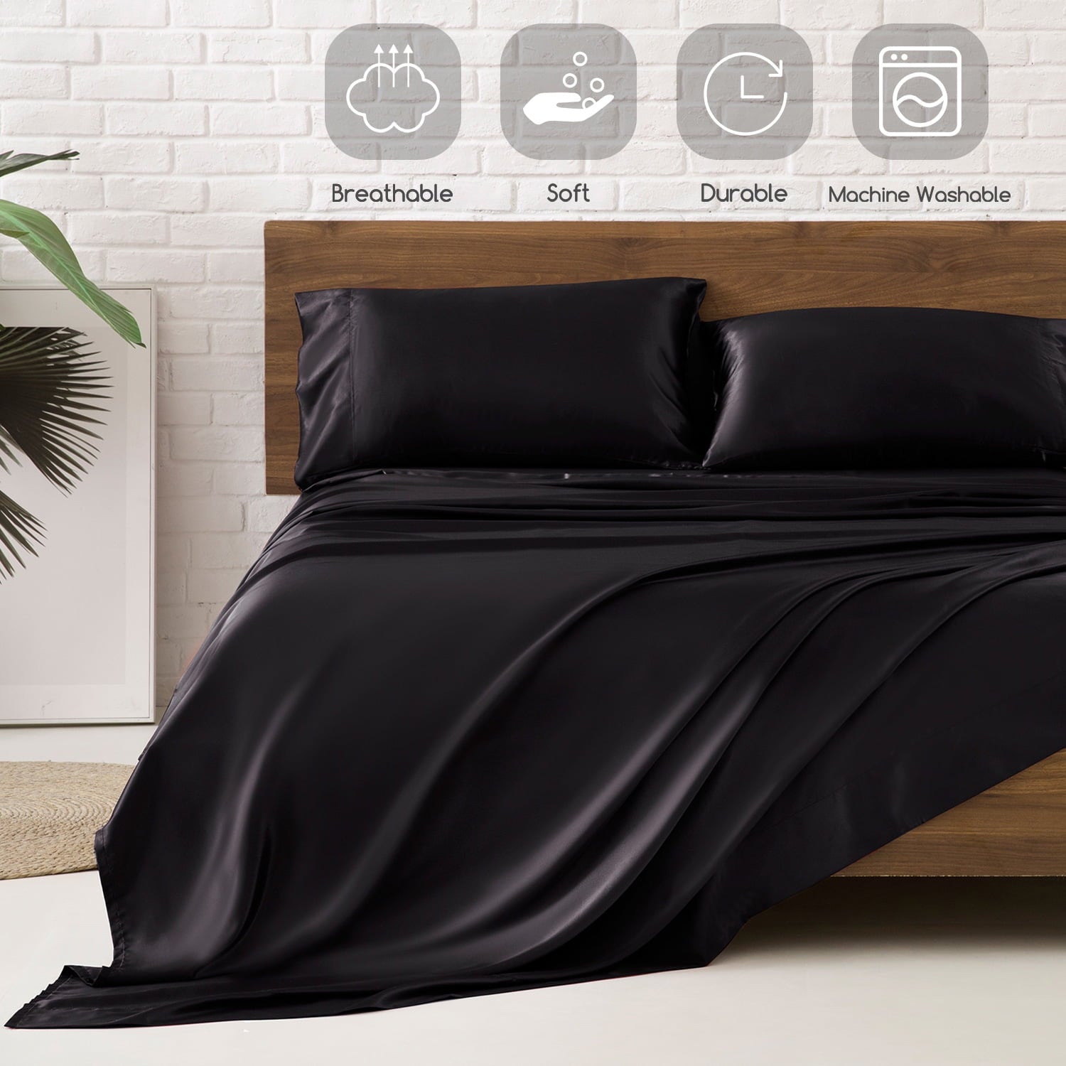 Cooling Sateen Set Queen 4 Pcs, Silky Elegant Luxurious Queen Size Bed s, with Flat , Deep Pocket Fitted for Mattress and Matching P... - Cooling Hotel Quality Bedding Sheets and Pillowcases Detail