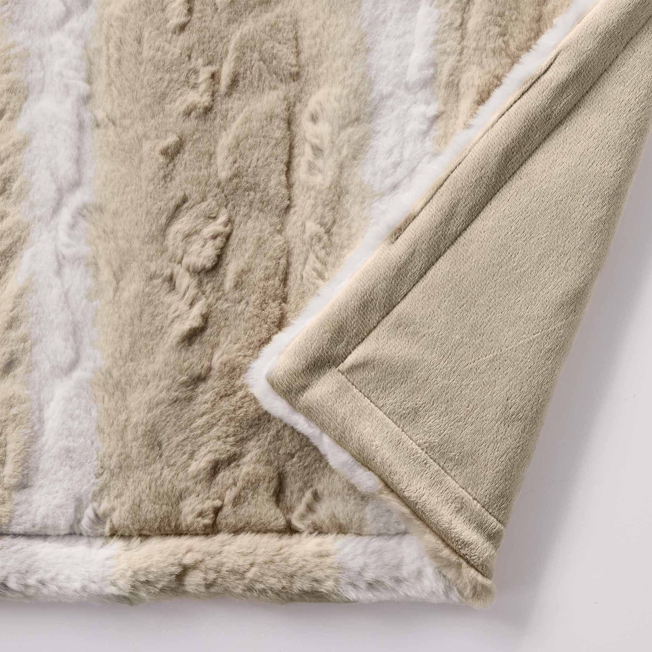 Reversible Sherpa Almond Biscuit Ombre Faux Fur Throw, 50"x72" - Luxury Knitted Decorative Throw Blanket with Fringes Detail