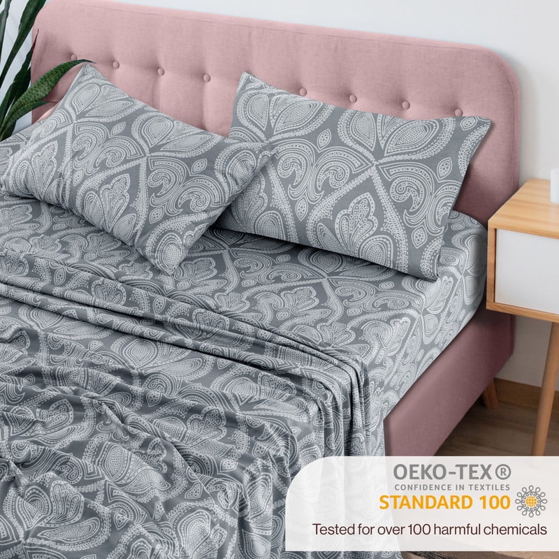 Premium Egyptian Cotton Lux Decor 4 Piece Queen Sheet Set, Brushed Microfiber Paisley Printed Bed Sheet Set with up to 16" Deep Pocket Fitted... - Luxury Bed Sheet Set with Deep Pockets Detail