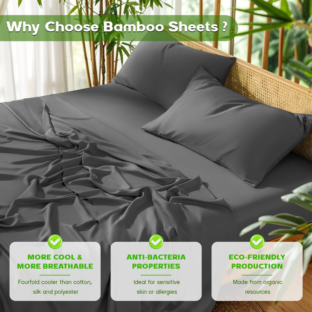 Ultra-Soft Luxury Bamboo Bed Sheet Set - Deep Pockets - 4 Piece, Queen, Dark Gray - Cooling Hotel Quality Bedding Sheets and Pillowcases Detail