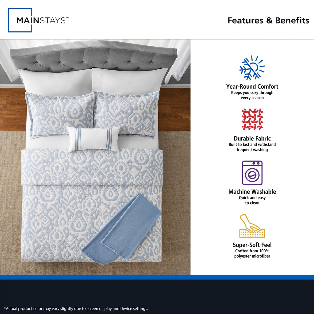 Fluffy Down Alternative Full/Queen Comforter Set, All-Season, 5-Piece, Blue Matelasse Ikat - All-Season Down Alternative Comforter Insert Detail