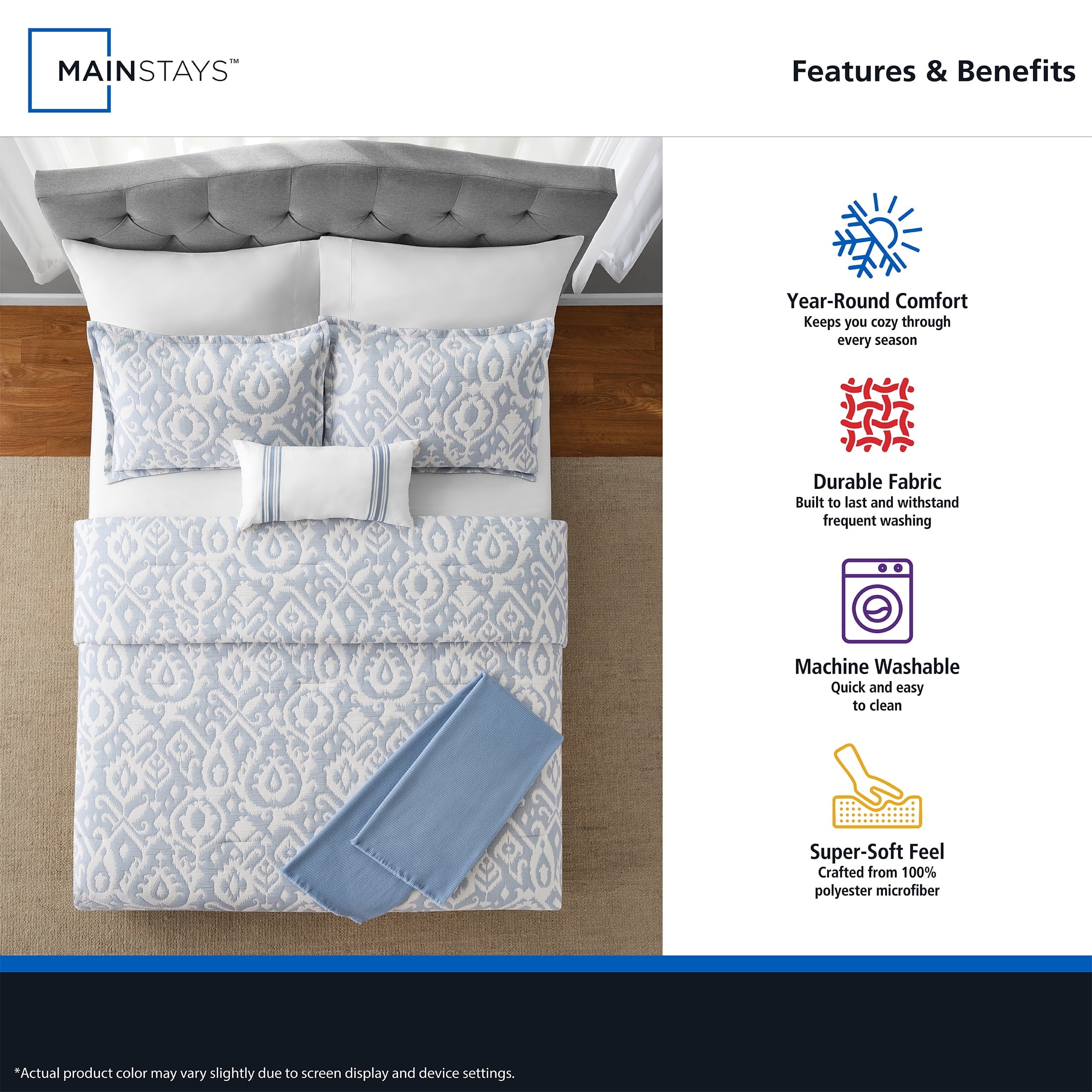 Fluffy Down Alternative Full/Queen Comforter Set, All-Season, 5-Piece, Blue Matelasse Ikat - All-Season Down Alternative Comforter Insert Detail