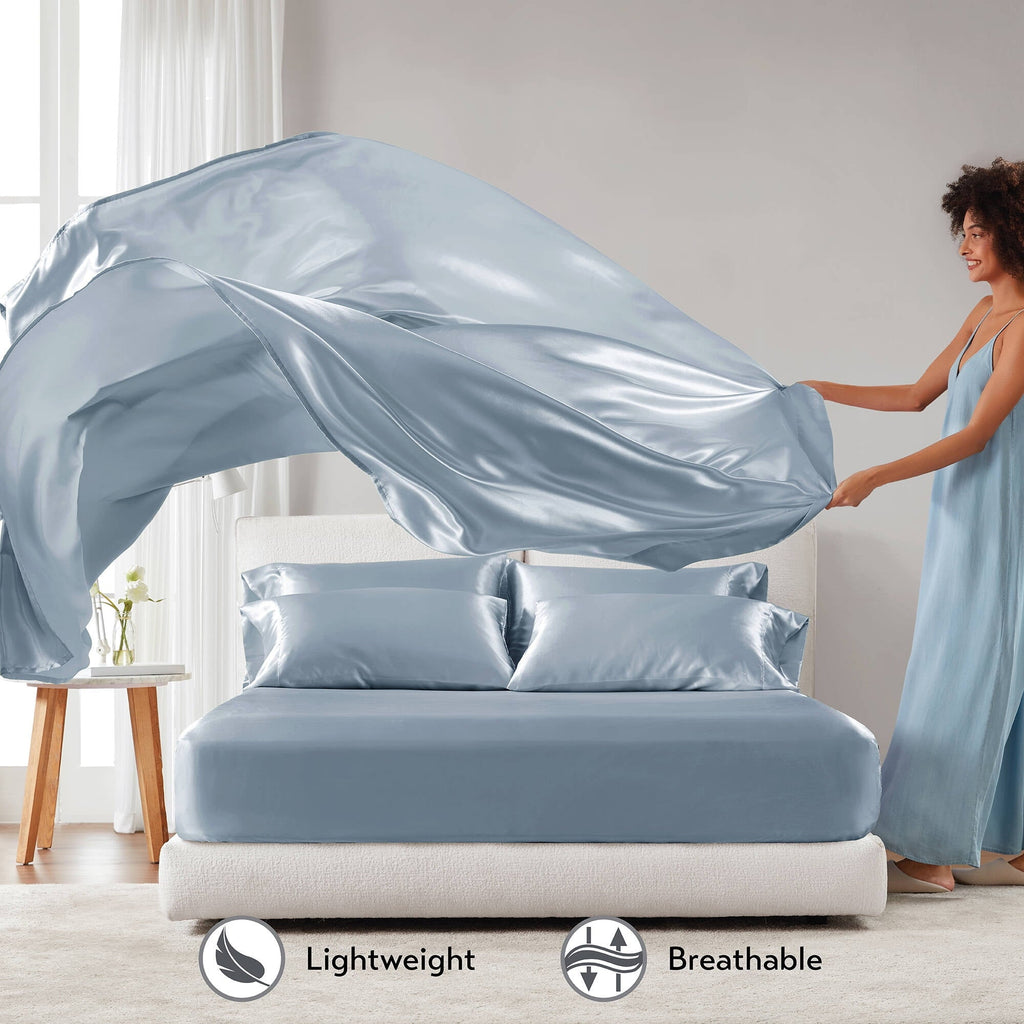 Cooling Sateen Satin Sheet Set, Twin Bed Sheets with Pillowcases, 4-Piece Luxury Silky Sheet Set, Blue, Gifts for Women - Premium Ultra-Soft Pillowcase Pair for Sleeping Detail