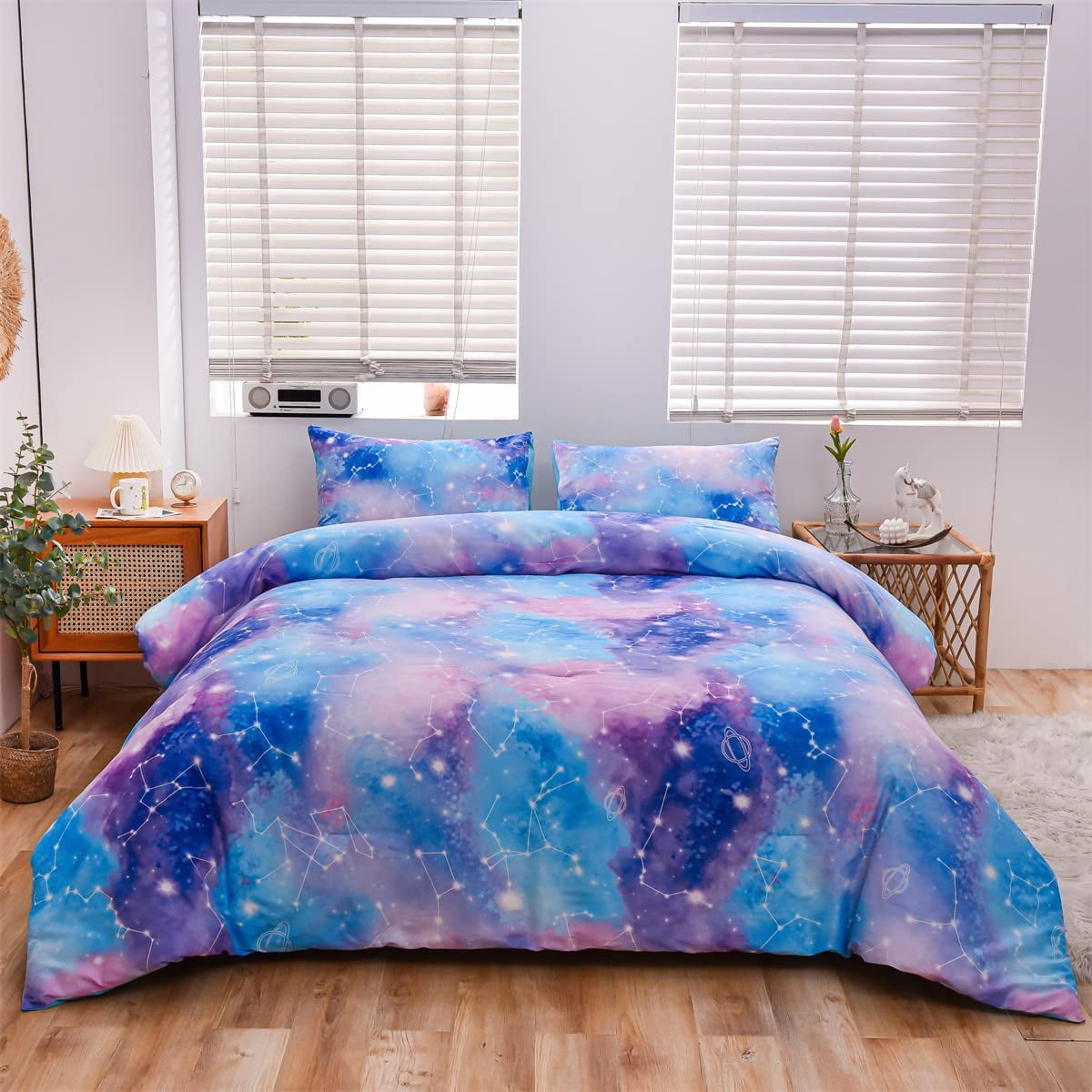 Fluffy Down Alternative Tie Dye Constellation Ombre Comforter Set Twin Gradient Galaxy Bedding Set Blue Purple - Hypoallergenic Ultra-Fluffy Quilt for Winter Detail