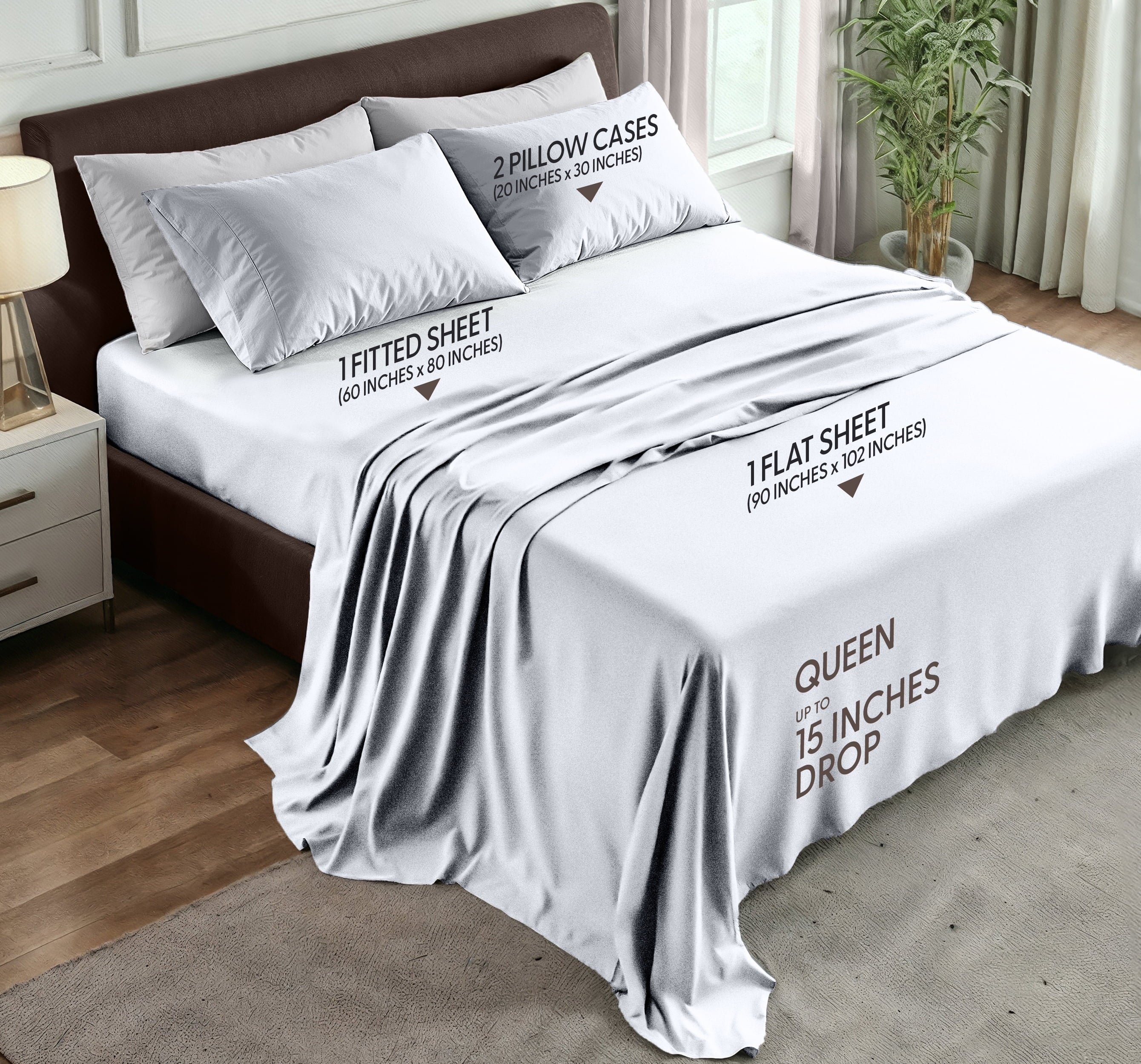 Cooling Sateen Queen Size Bed Sheet Set in Bright White – 4 Piece Microfiber Sheets, Ultra-Soft, Deep Pocket, Wrinkle-Resistant, Eas... - Cooling Hotel Quality Bedding Sheets and Pillowcases Detail