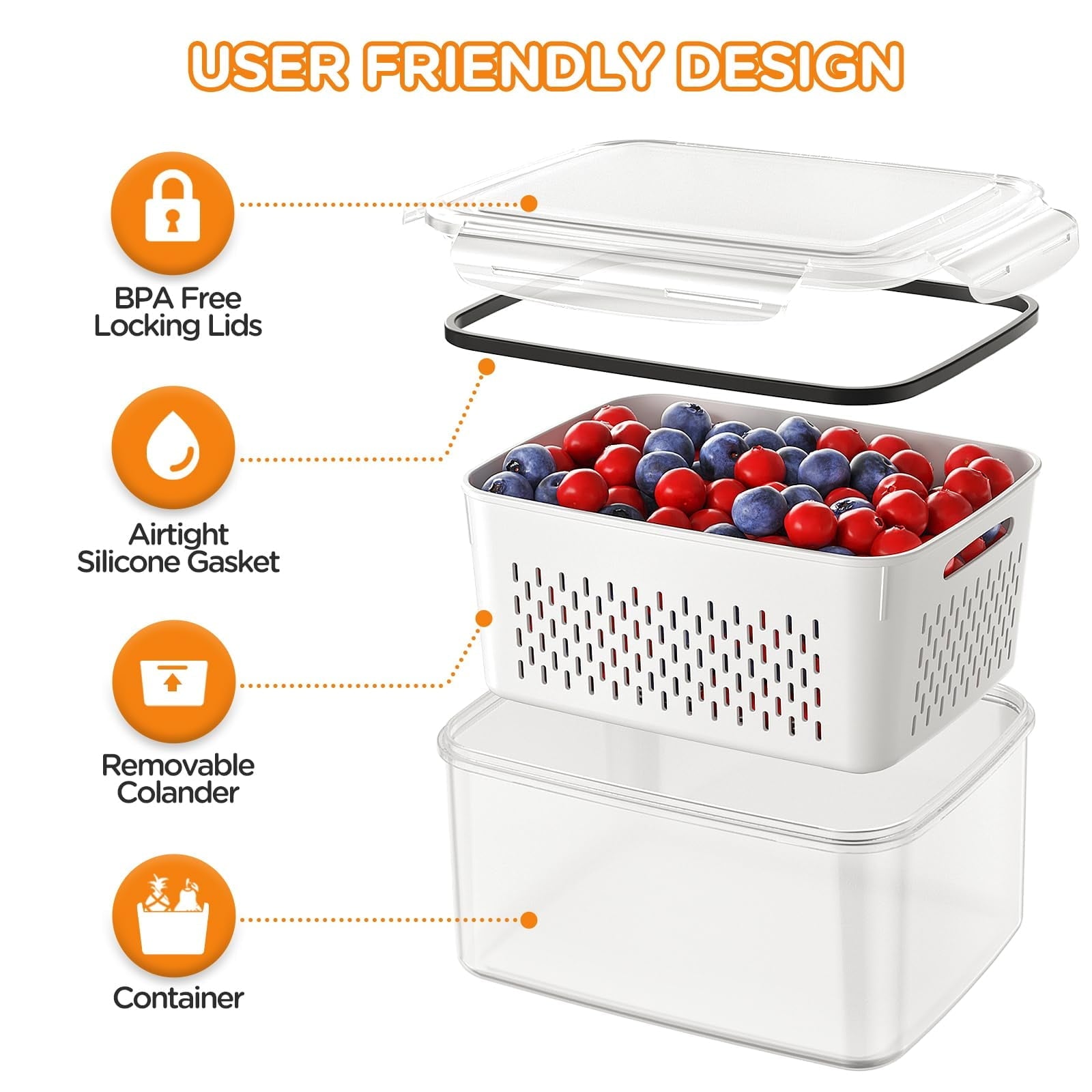 Deliciously Squishy 5 Pack Fruit Storage Containers for Fridge with Removable Colanders and Lids, 5 in 1 Leakproof Fridge Organizer Bins ... - Playful Star & Heart Shaped Geometric NeeDoh Detail